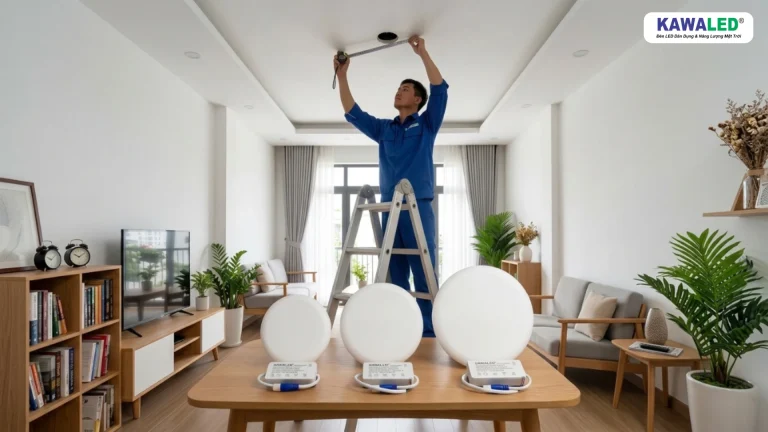 Thợ điện đo kích thước lỗ khoét trần trước khi chọn đèn LED âm trần KAWALED