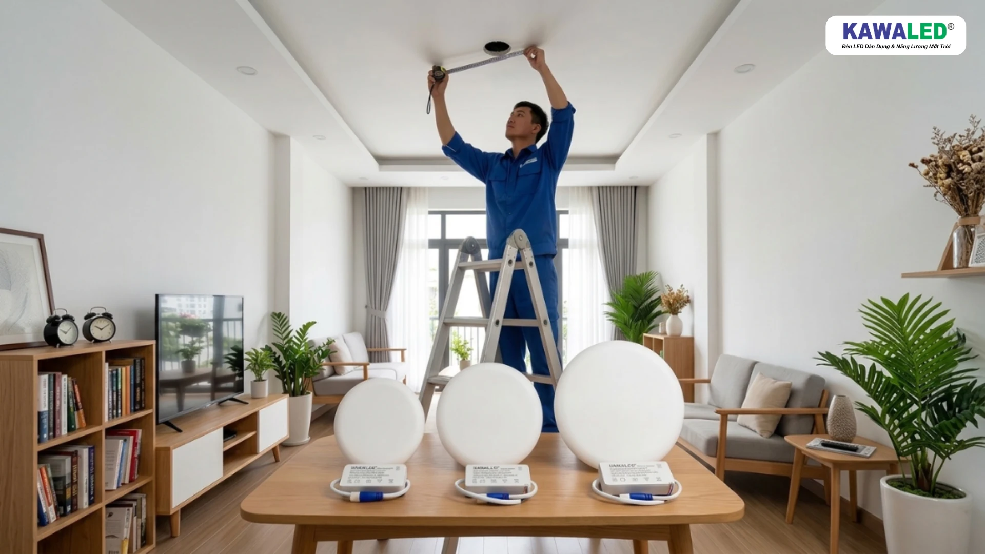 Thợ điện đo kích thước lỗ khoét trần trước khi chọn đèn LED âm trần KAWALED