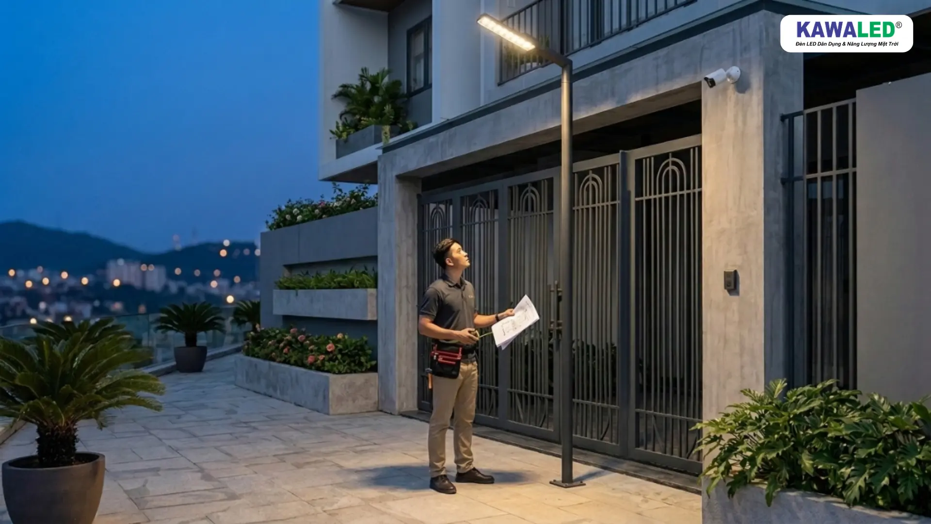 Kỹ thuật viên kiểm tra độ cao và vị trí lắp đèn cảm ứng ánh sáng tại cổng nhà