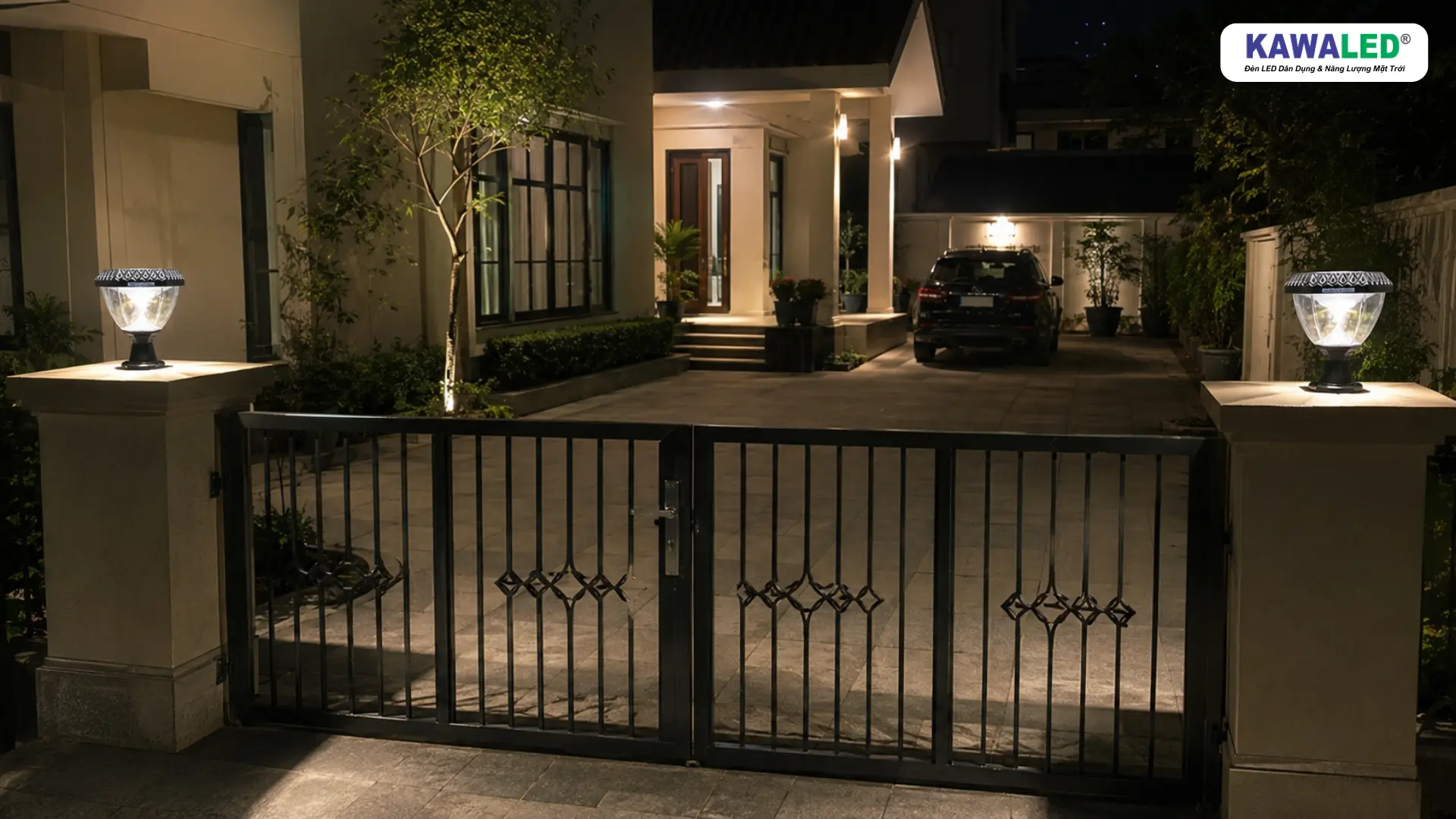 Đèn trụ cổng KAWALED kết hợp đèn chiếu sáng khu vực đậu ô tô