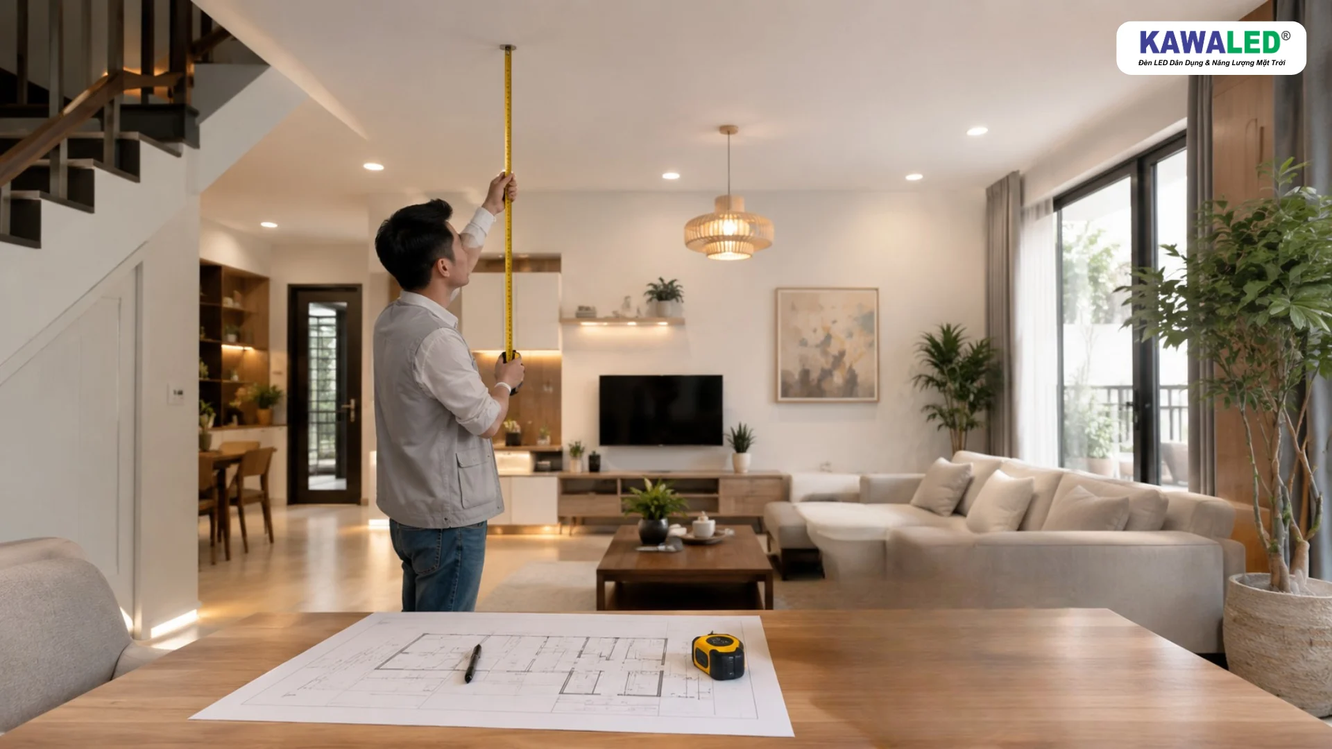 Kỹ thuật viên đo chiều cao trần để chọn công suất đèn LED phù hợp