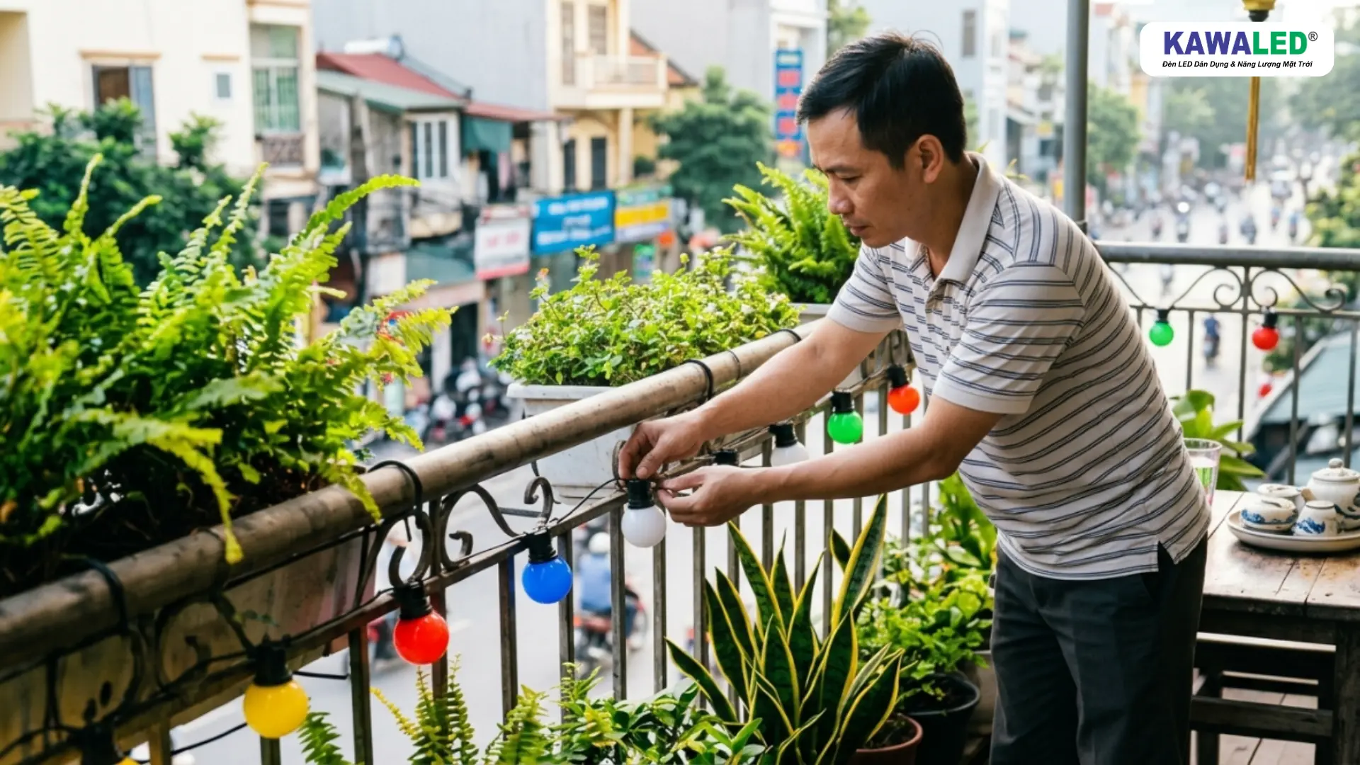 Người dùng kiểm tra đui và dây bóng đèn trang trí trên ban công