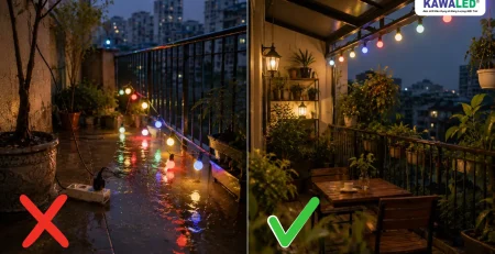 So sánh ổ cắm đặt dưới nền ướt và dây đèn được lắp ở vị trí cao ráo