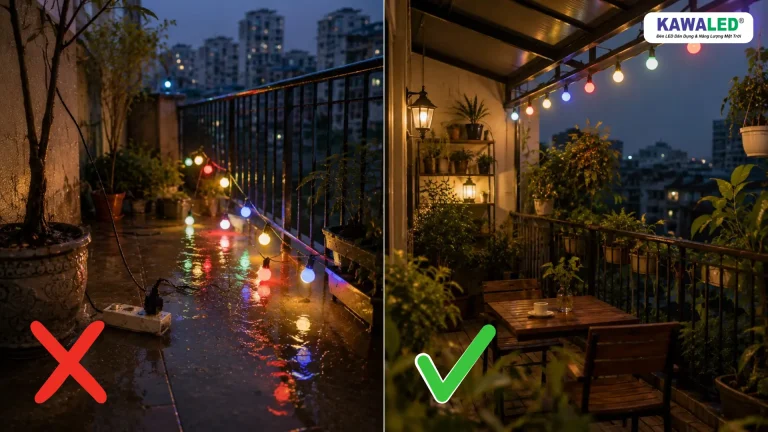 So sánh ổ cắm đặt dưới nền ướt và dây đèn được lắp ở vị trí cao ráo