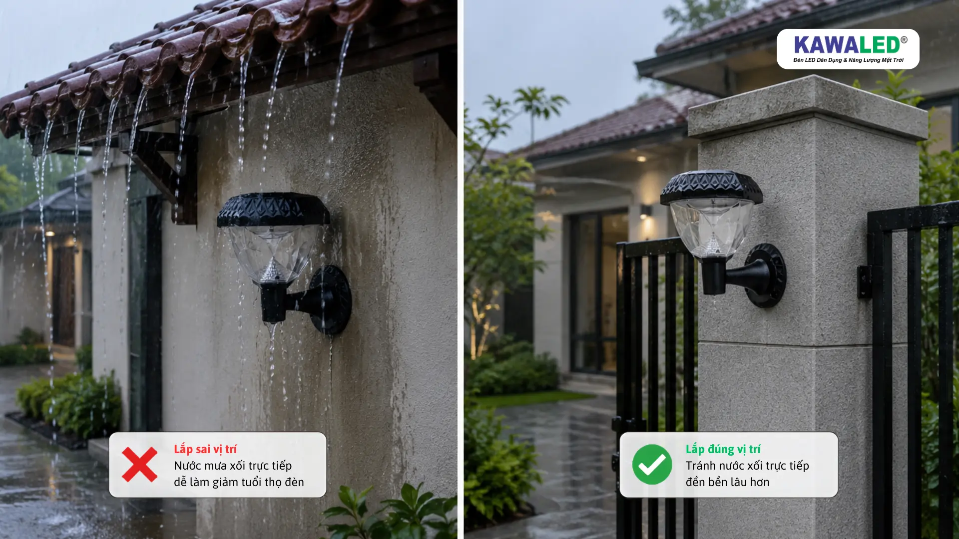 So sánh vị trí đèn solar bị nước mưa xối trực tiếp và vị trí an toàn trên trụ cổng