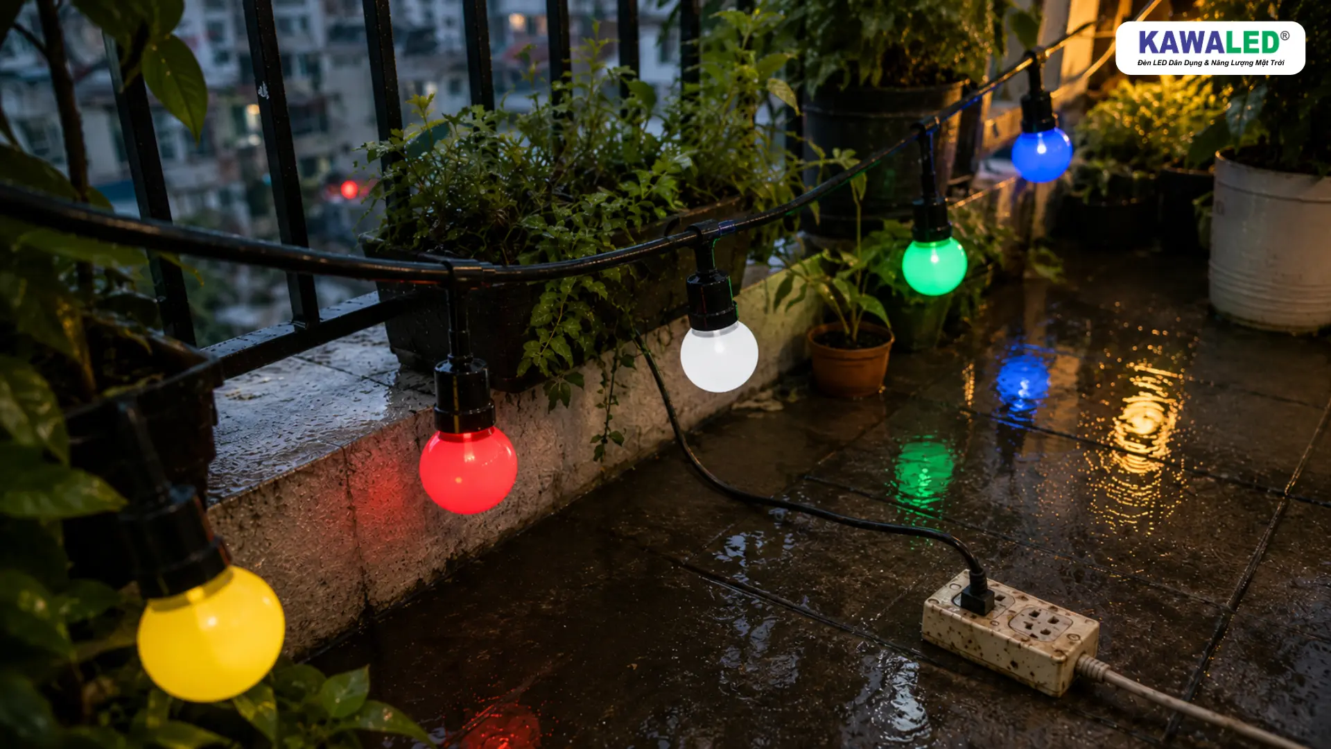Ổ cắm điện và dây đèn trang trí đặt trên nền ban công đang đọng nước