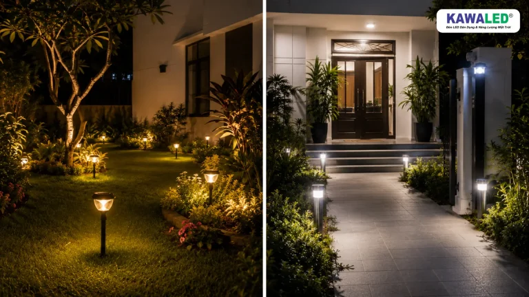 So sánh đèn cắm cỏ năng lượng mặt trời và đèn sân vườn dùng điện