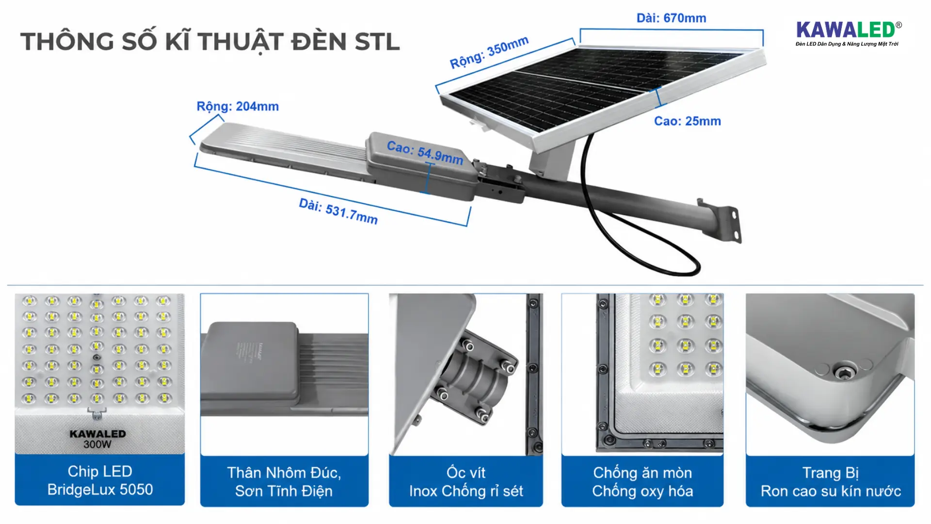 Thông số kỹ thuật đèn đường năng lượng mặt trời KAWALED STL-300W