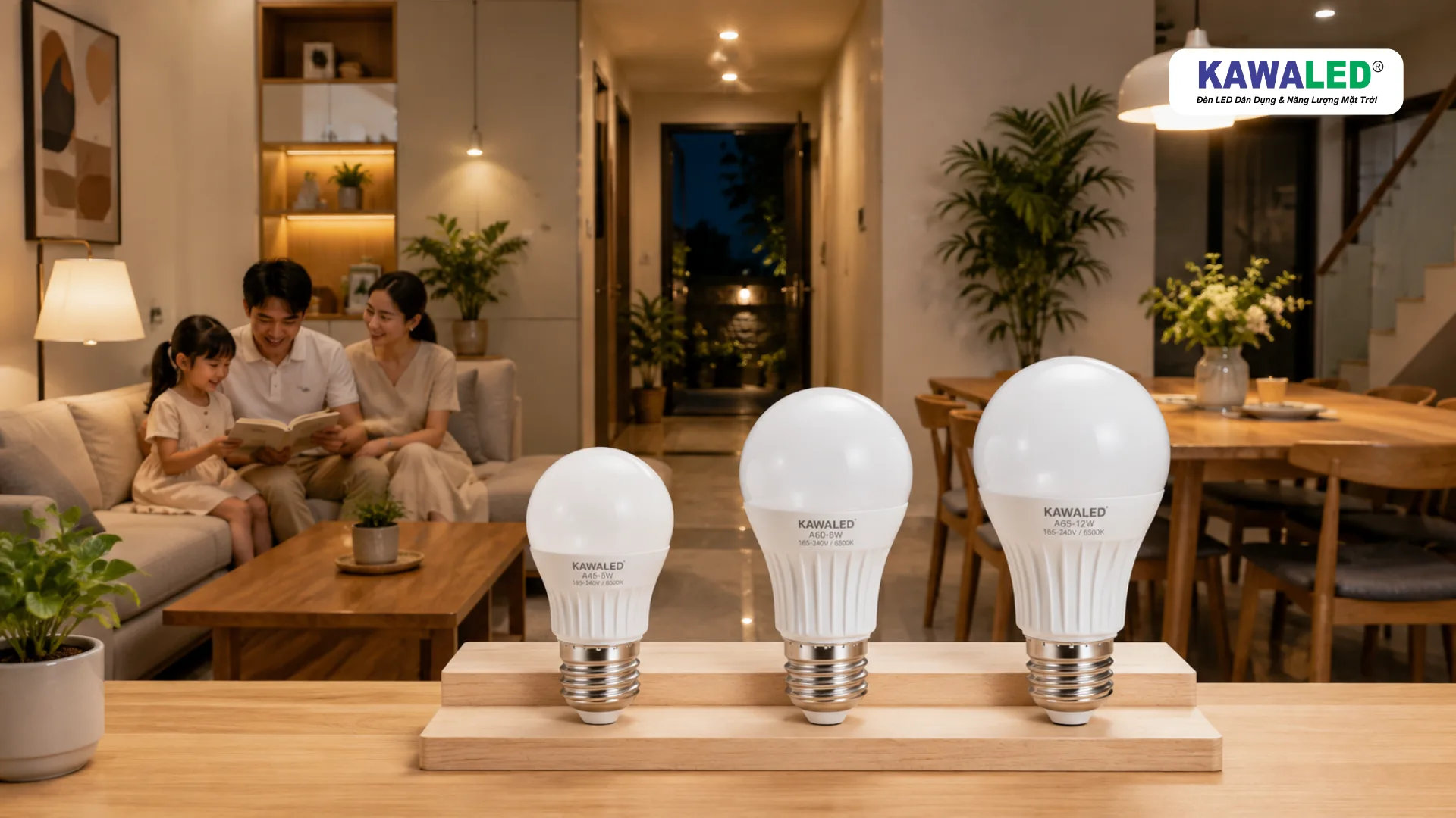 Ứng dụng bóng đèn LED tròn KAWALED trong phòng khách và bàn ăn gia đình