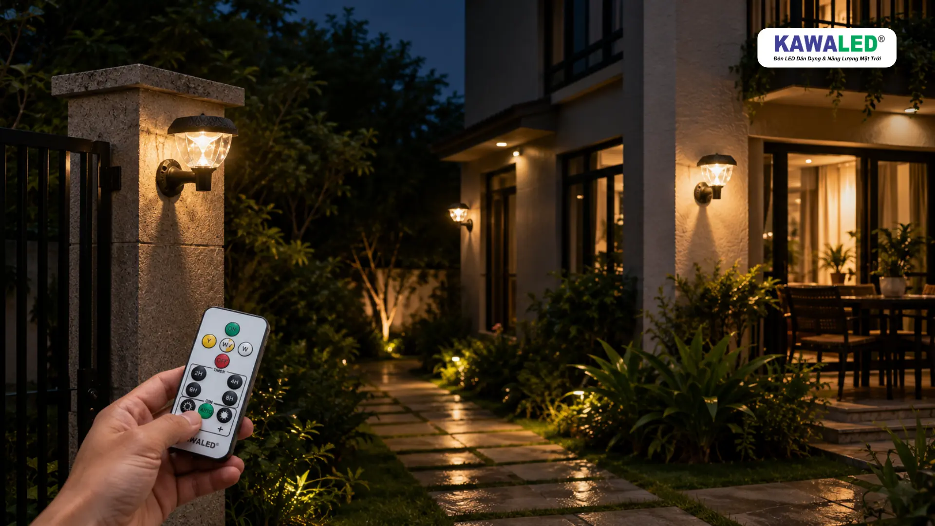 Điều khiển đèn năng lượng mặt trời KAWALED SGC2-3M tại cổng và sân vườn bằng remote