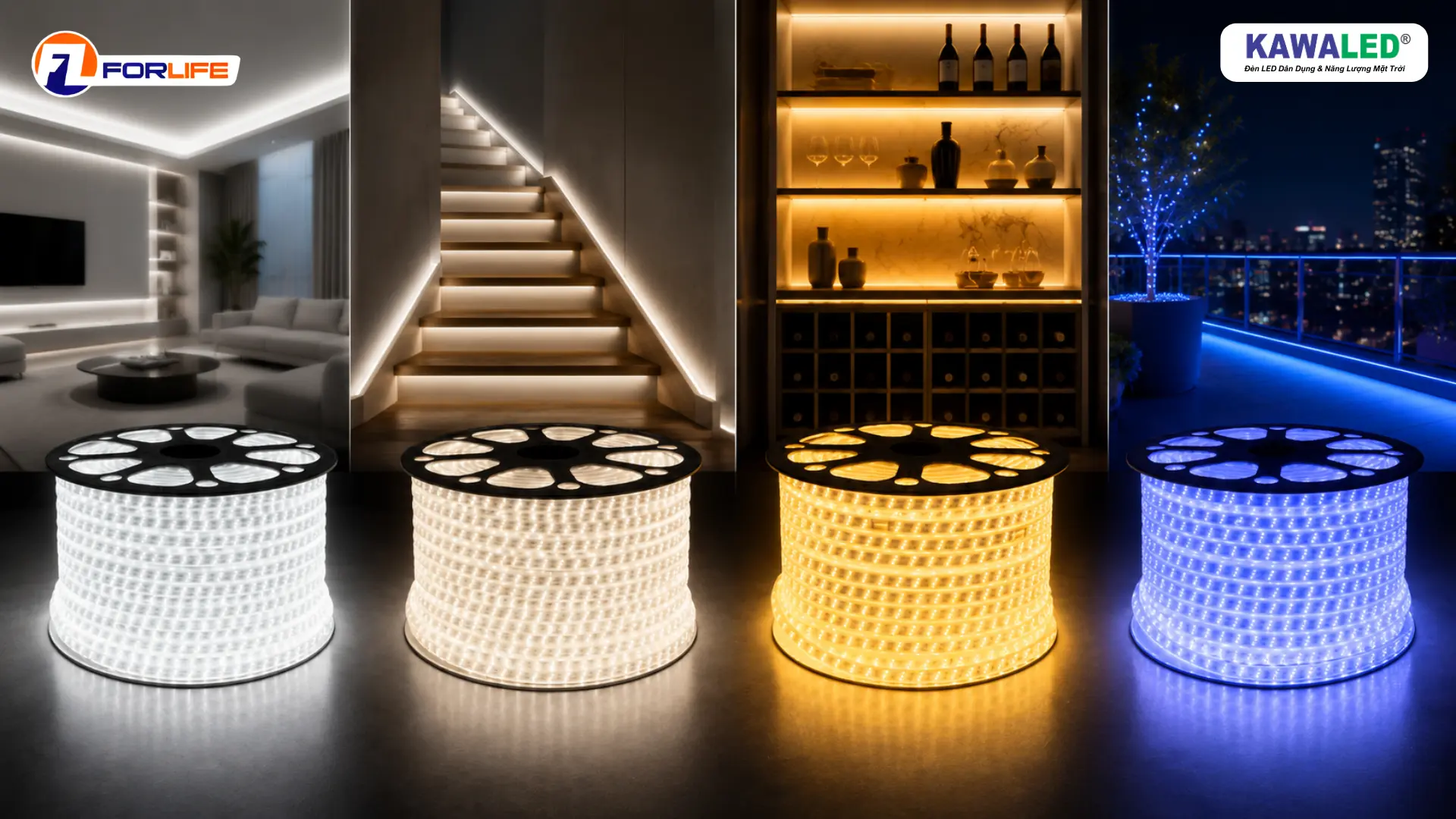Ứng dụng đèn led dây 3 hàng bóng 220V với 4 màu ánh sáng