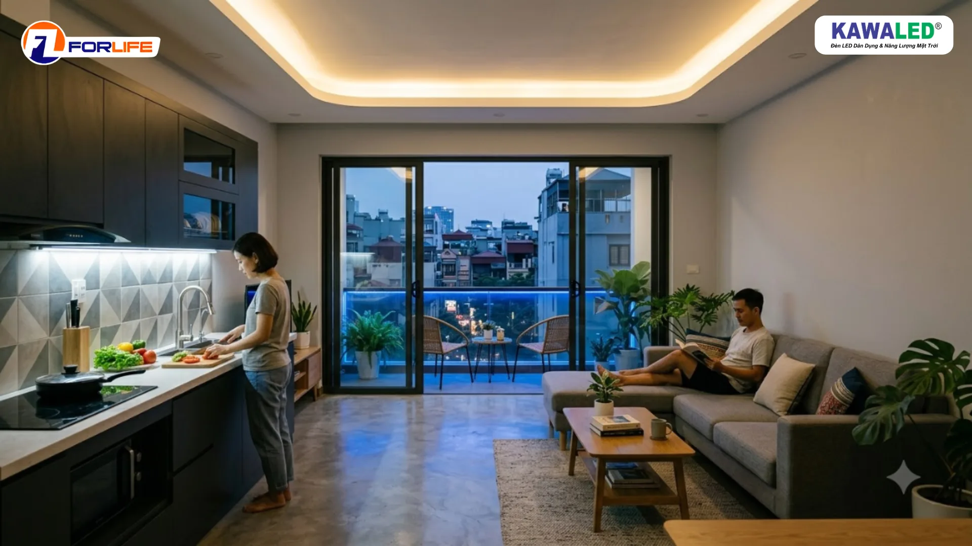 LED dây 3 màu trong phòng khách, LED đơn sắc dưới tủ bếp và LED RGB tại ban công