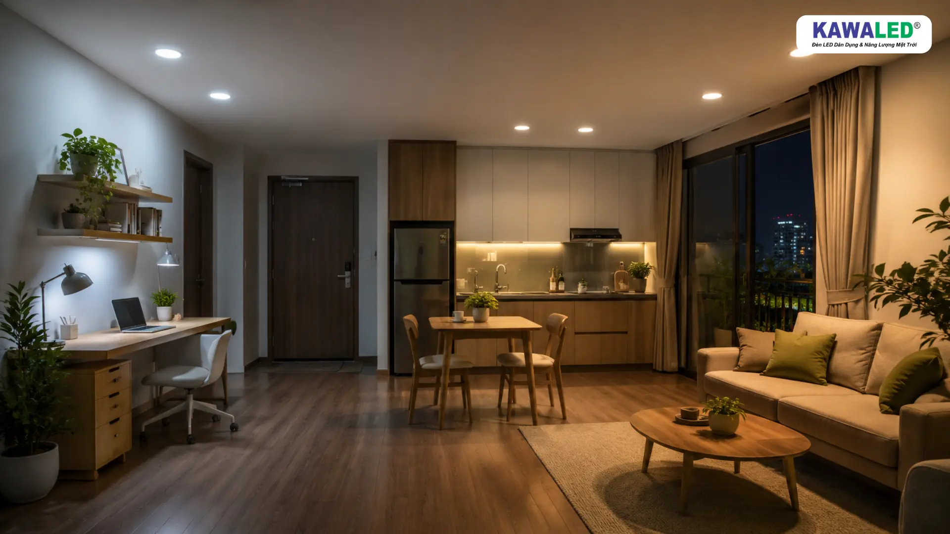 Cùng một căn hộ studio sử dụng ánh sáng trắng, trung tính và vàng cho làm việc, sinh hoạt và thư giãn