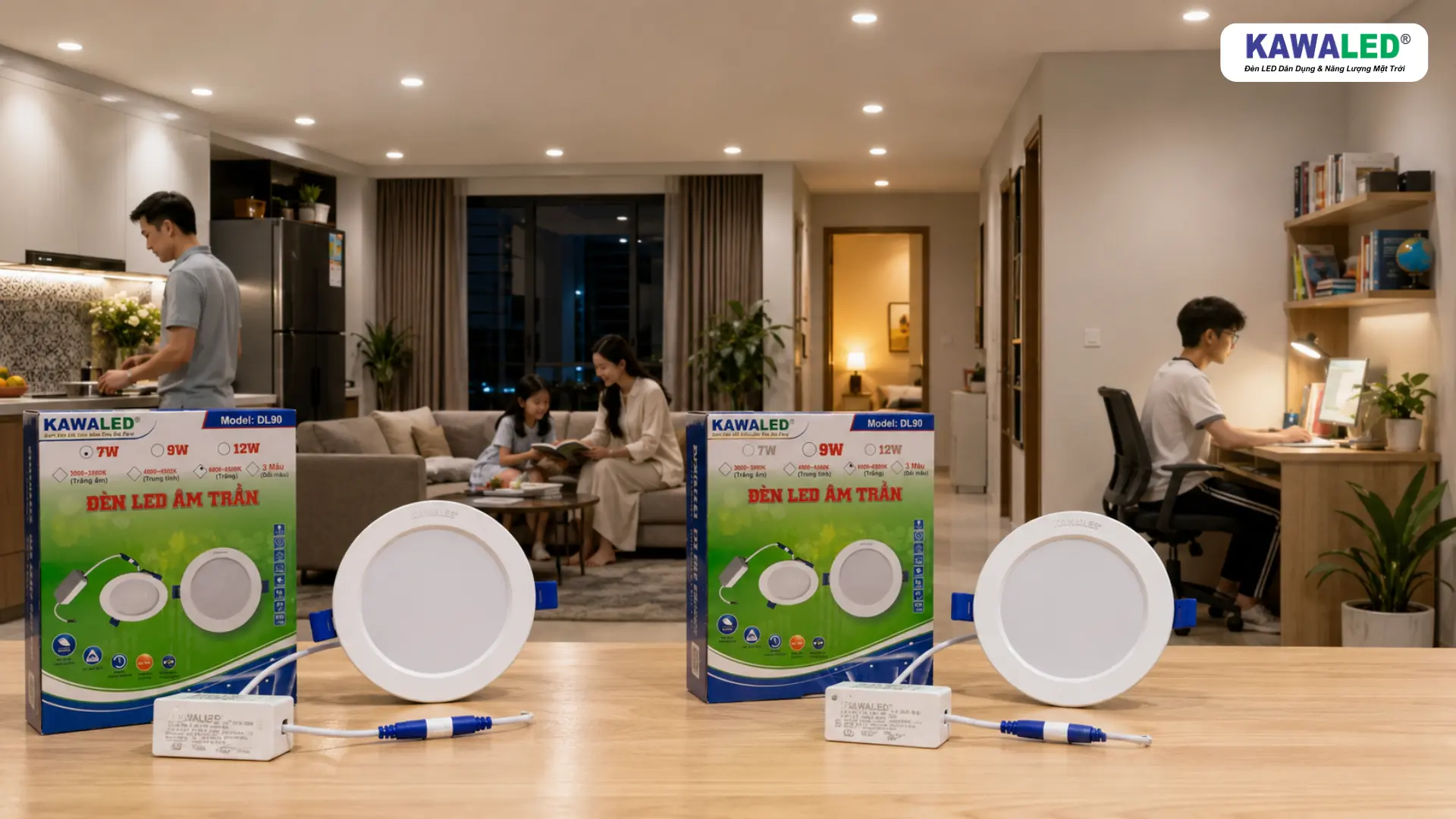 Đèn LED âm trần KAWALED DL90 và hộp sản phẩm đặt trong không gian gia đình hiện đại vào buổi tối
