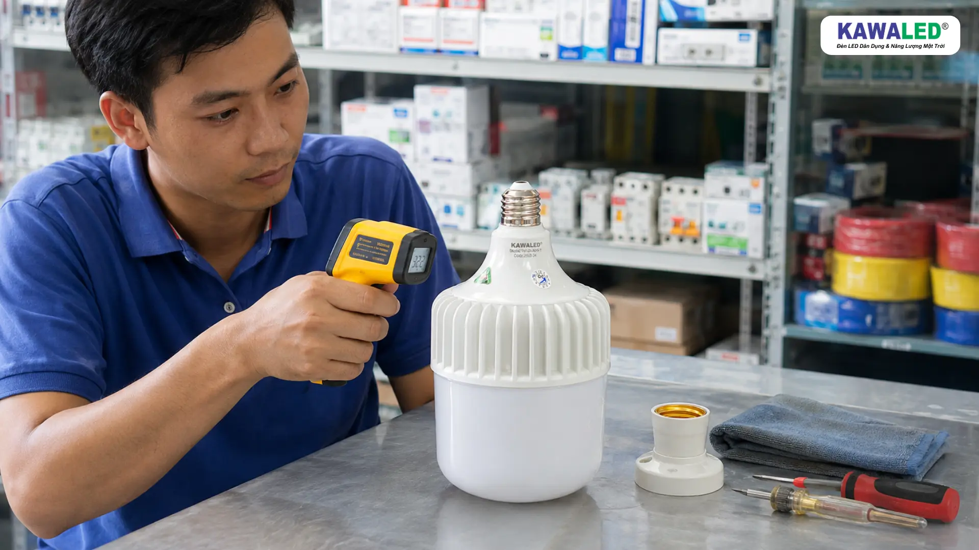 Kiểm tra nhiệt độ đèn LED trụ KAWALED bằng nhiệt kế hồng ngoại