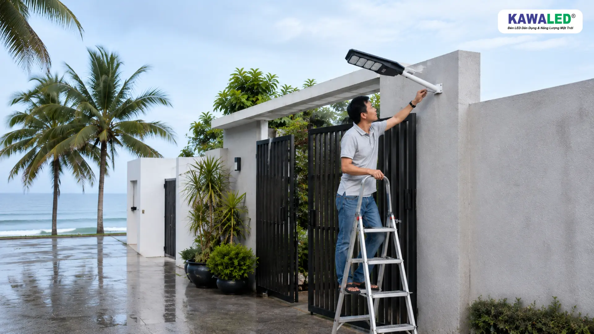 Kiểm tra tay đỡ và bu lông đèn năng lượng mặt trời IP66 sau mưa tại nhà gần biển