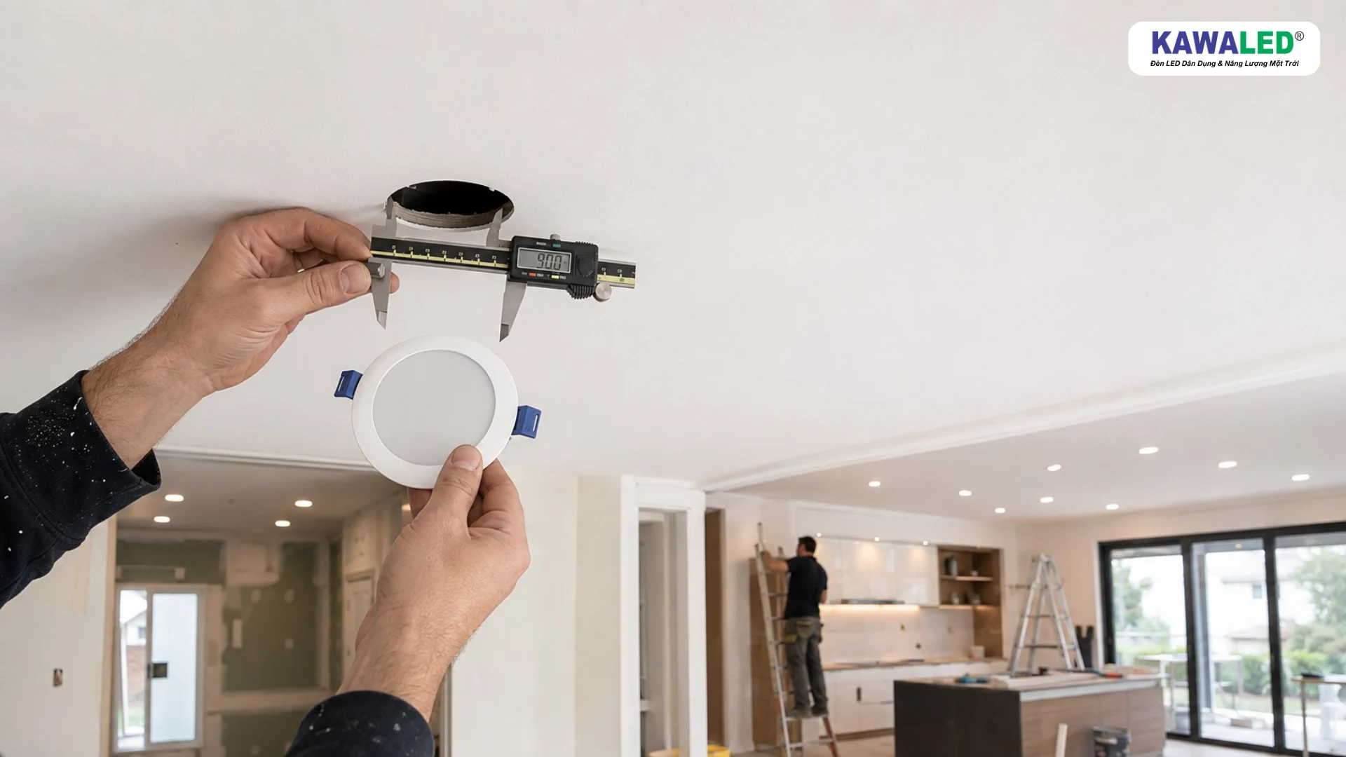 Thợ điện đo lỗ khoét Ø90 mm trước khi lắp đèn LED âm trần phi 90 vào trần thạch cao