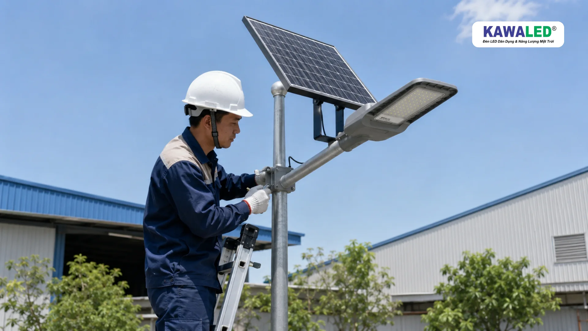 Kỹ thuật viên kiểm tra lắp đặt đèn đường năng lượng mặt trời 200W KAWALED STL2-200W