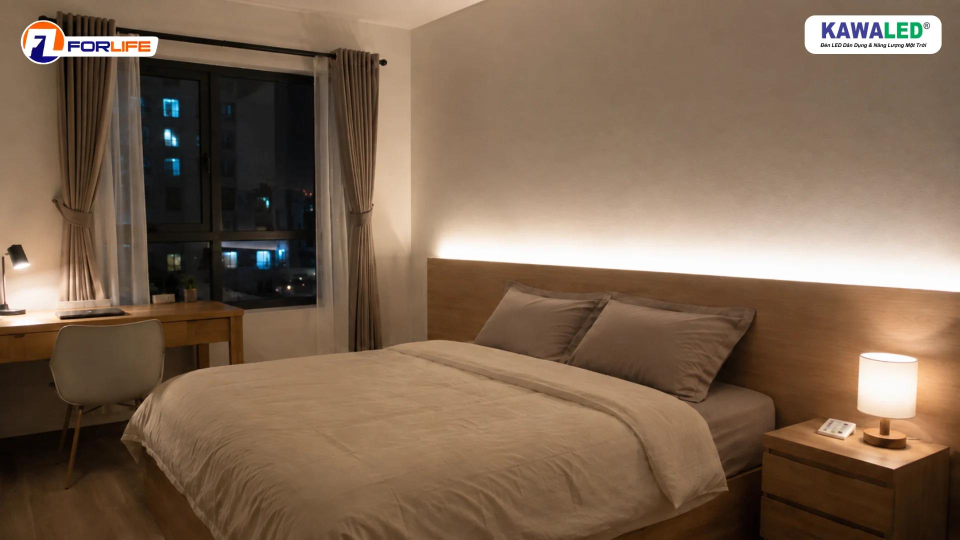 LED dây 3 màu lắp hắt phía sau đầu giường trong phòng ngủ hiện đại