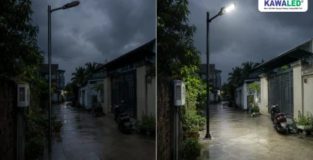 So sánh đèn hẹn giờ chưa bật và đèn cảm biến ánh sáng đã tự bật khi trời âm u