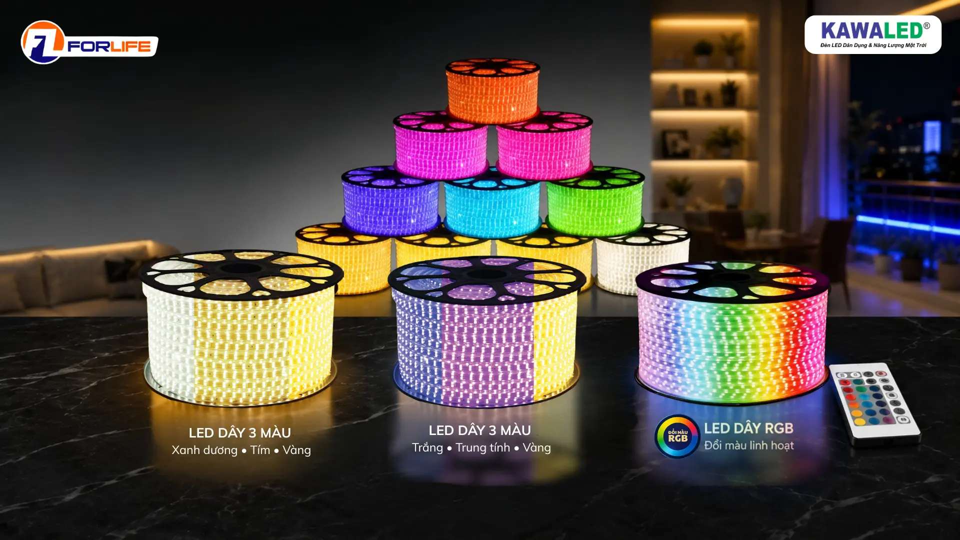 Các cuộn LED dây RGB, LED dây 3 màu và LED dây đơn sắc trưng bày trong cùng một khung hình