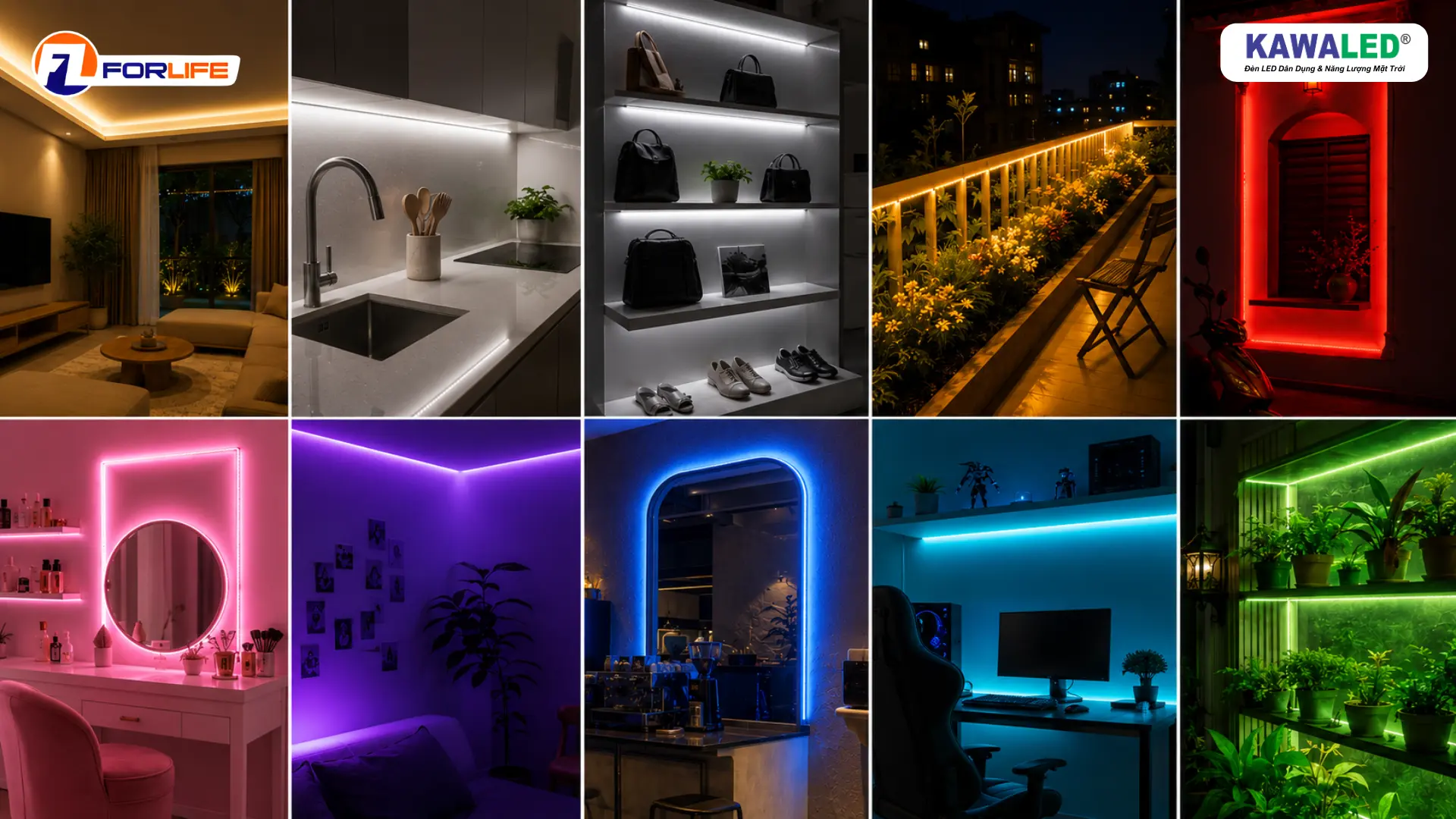 Các ứng dụng đèn LED dây đơn sắc màu trắng, vàng, đỏ, hồng, tím, xanh dương và xanh lá