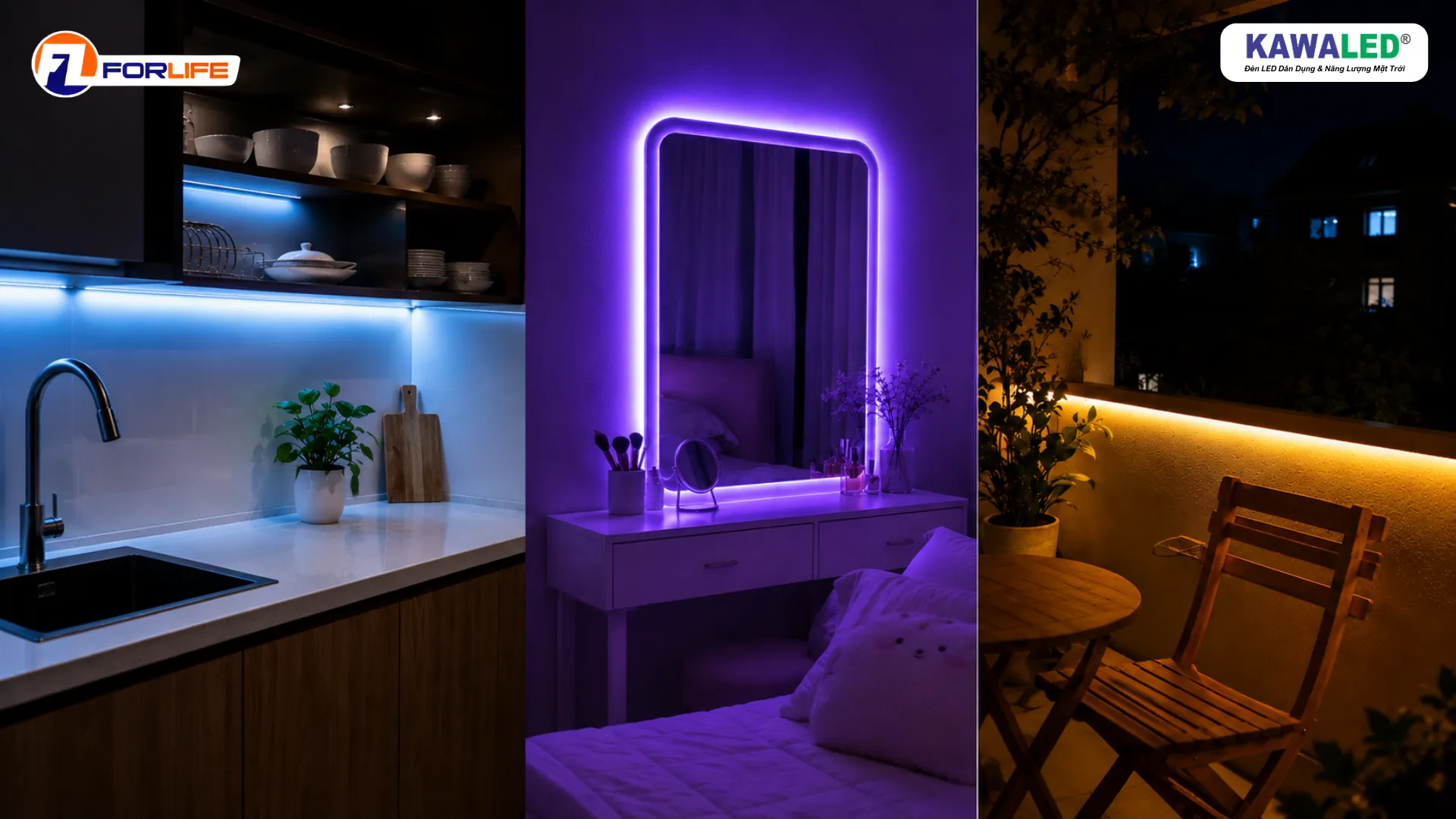 Đèn LED dây màu xanh dương, tím và vàng ứng dụng trong bếp, phòng ngủ và ban công