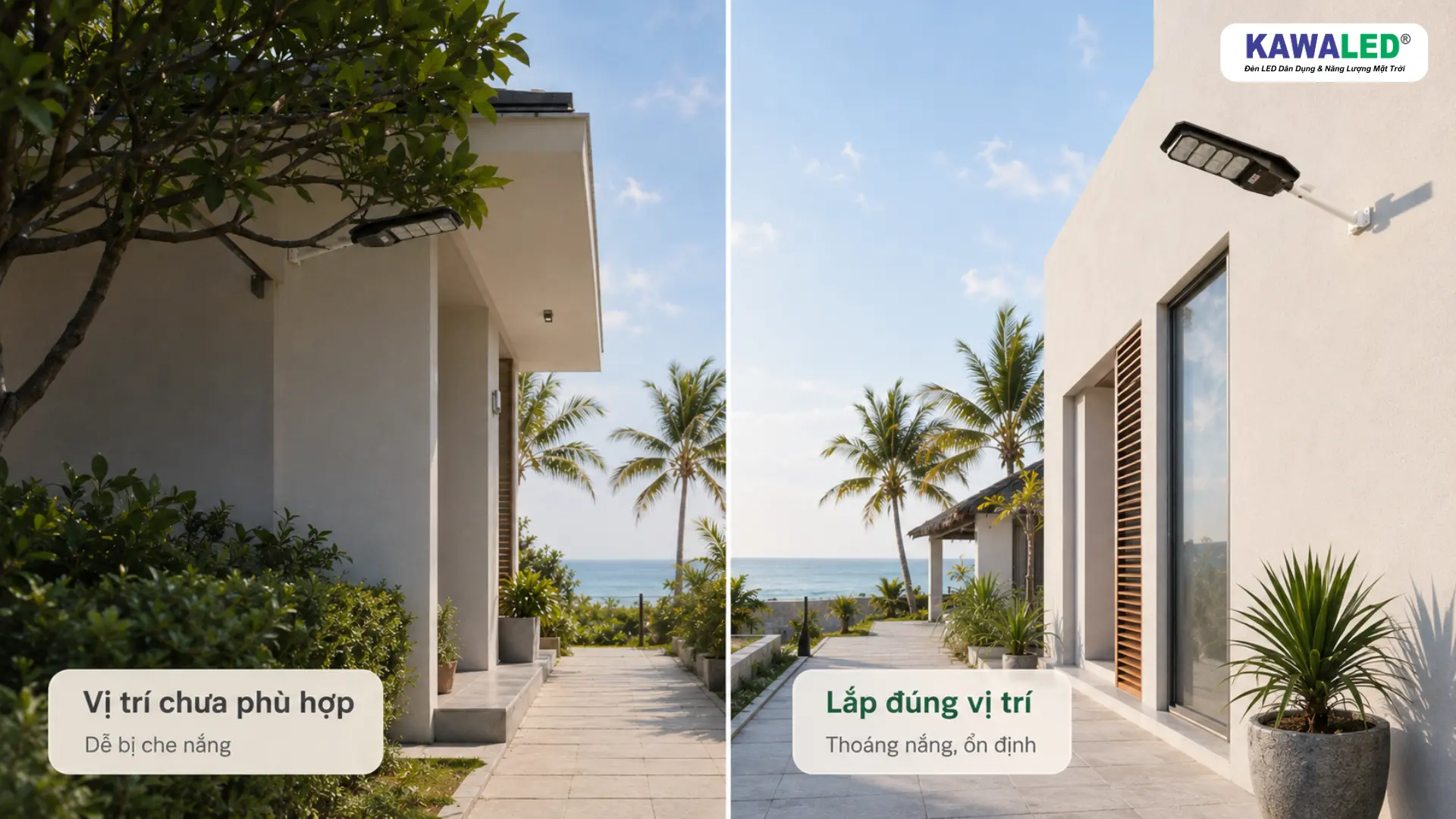 So sánh vị trí bị cây che nắng và vị trí thông thoáng khi lắp đèn năng lượng mặt trời liền thể