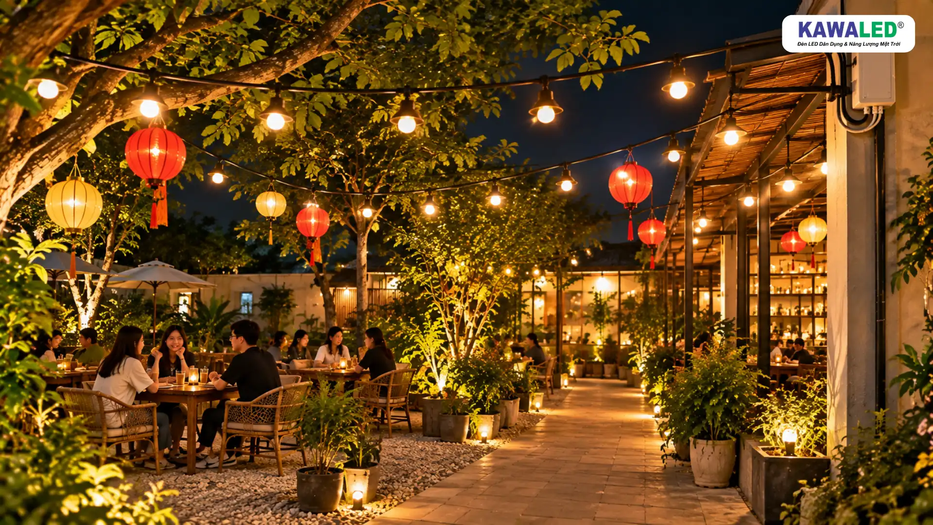 Bố trí đèn trang trí quán cà phê ngoài trời an toàn điện