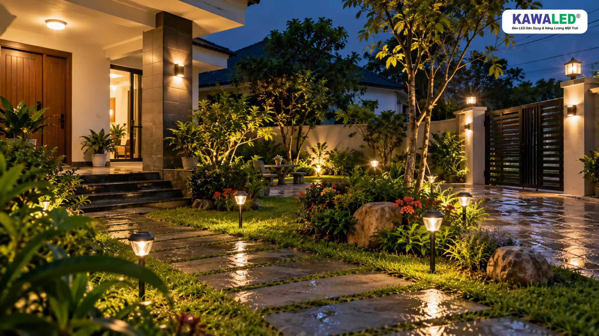 Sân vườn bố trí đèn cố định và đèn chiếu sáng độc lập hợp lý ngoài trời