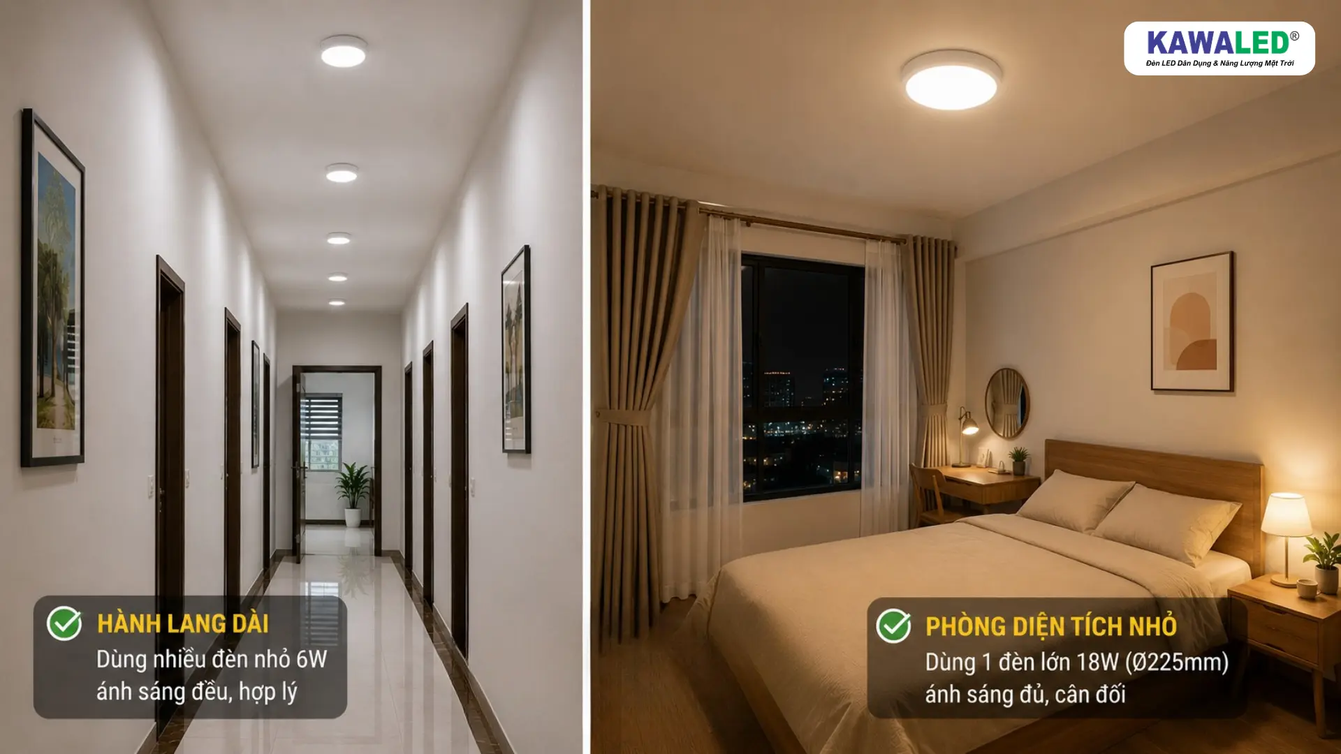 Bố trí nhiều đèn ốp trần 6W cho hành lang và một đèn 18W cho phòng ngủ nhỏ