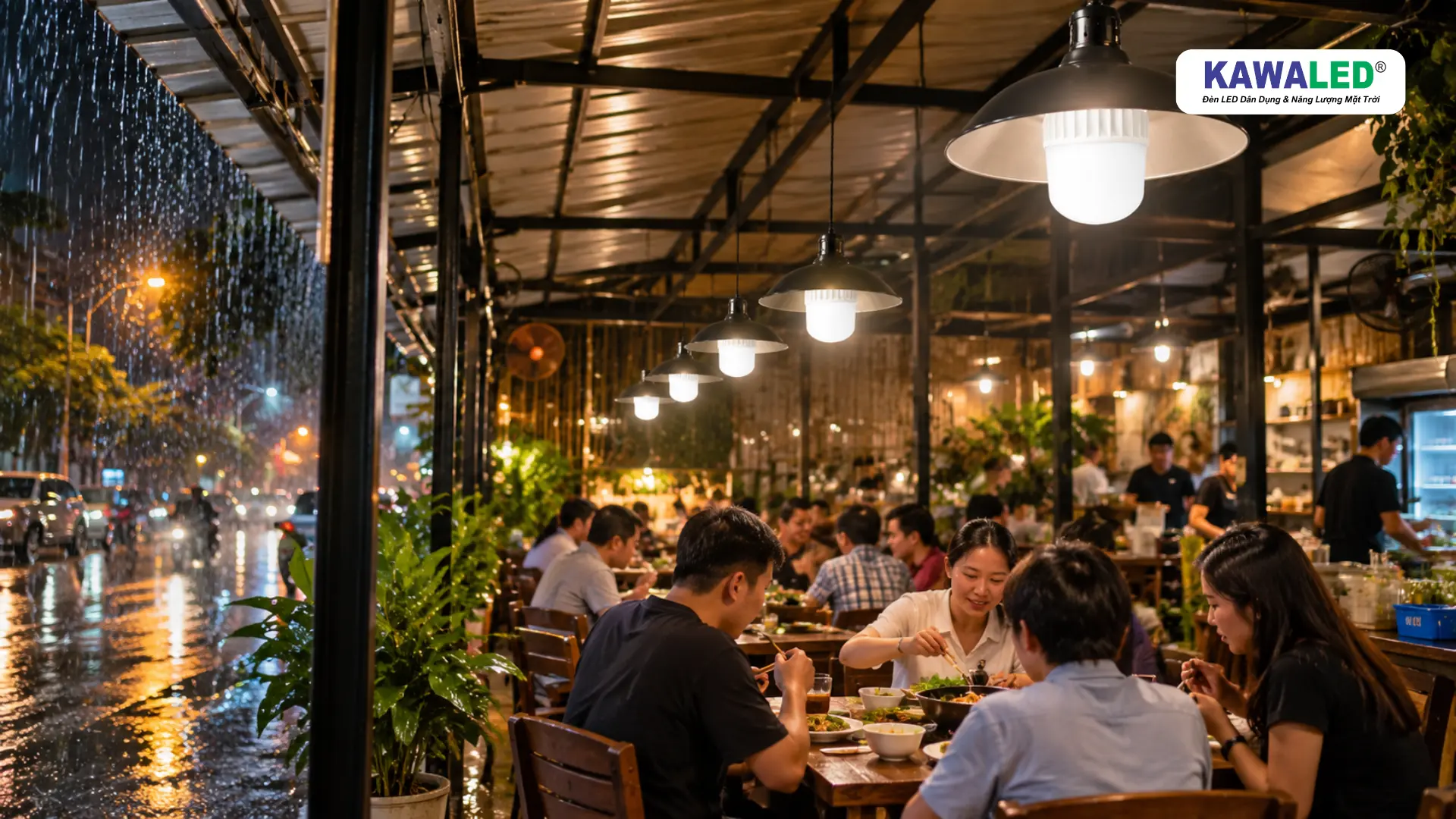 Bóng đèn chiếu sáng KAWALED cho hàng quán có mái che vào mùa mưa