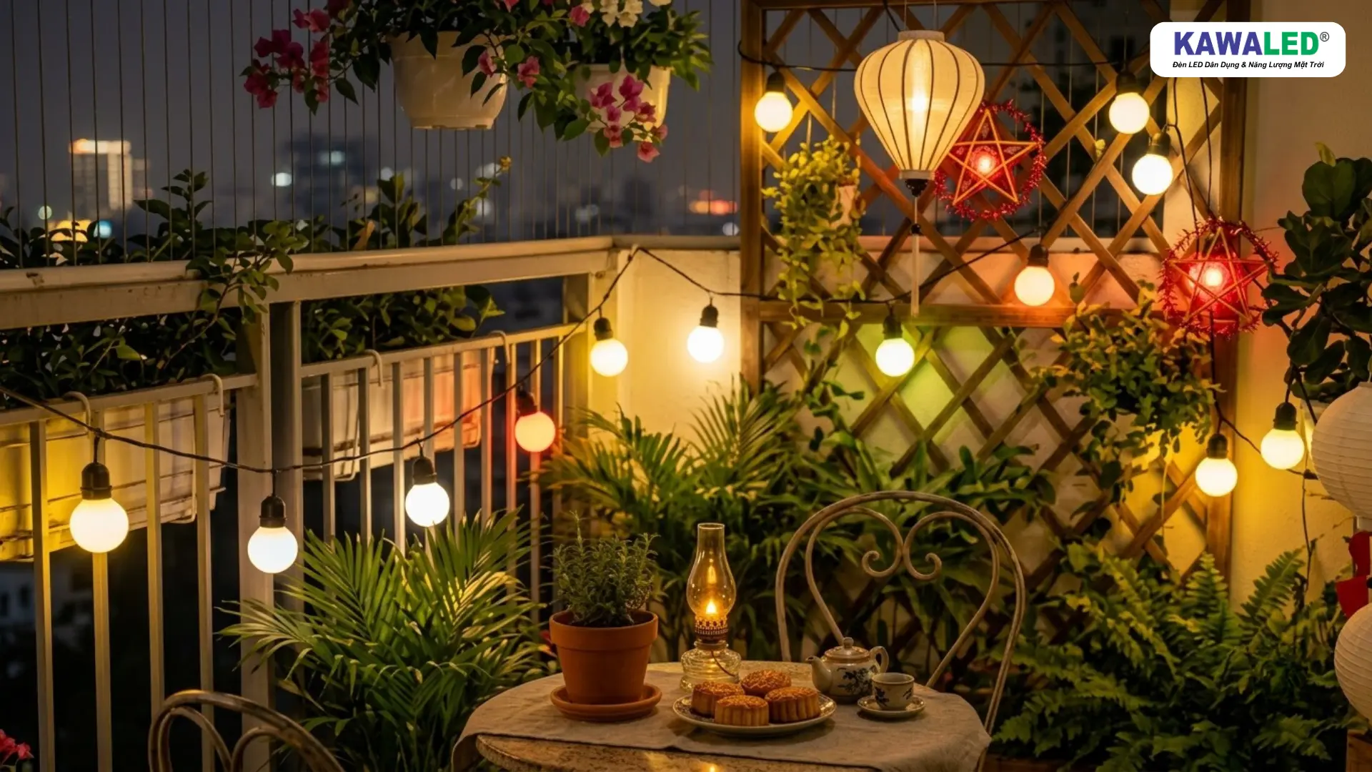 Bóng đèn tròn trang trí ban công Trung Thu kết hợp cây xanh và bàn trà