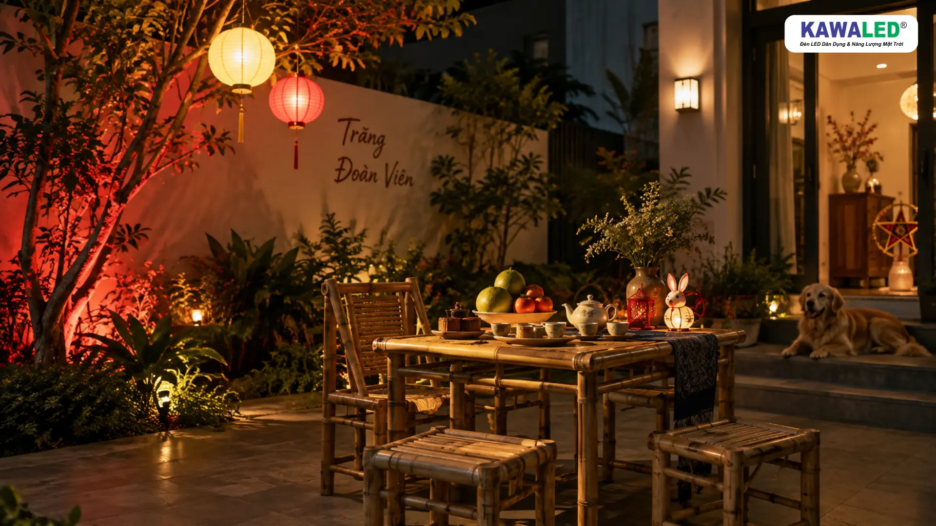 Cách trang trí Trung Thu đẹp với ánh sáng đỏ chiếu hắt cây và bàn trà ấm cúng