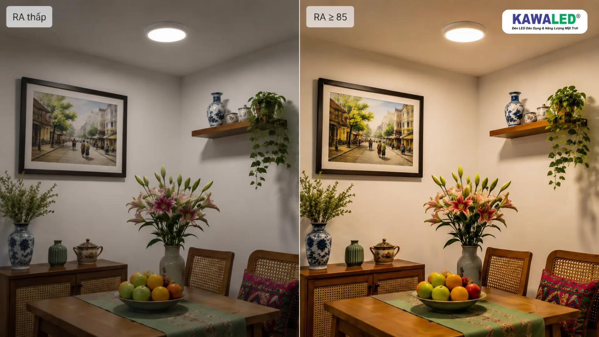 So sánh RA thấp và RA từ 85 của đèn ốp trần qua màu sắc hoa trái và nội thất