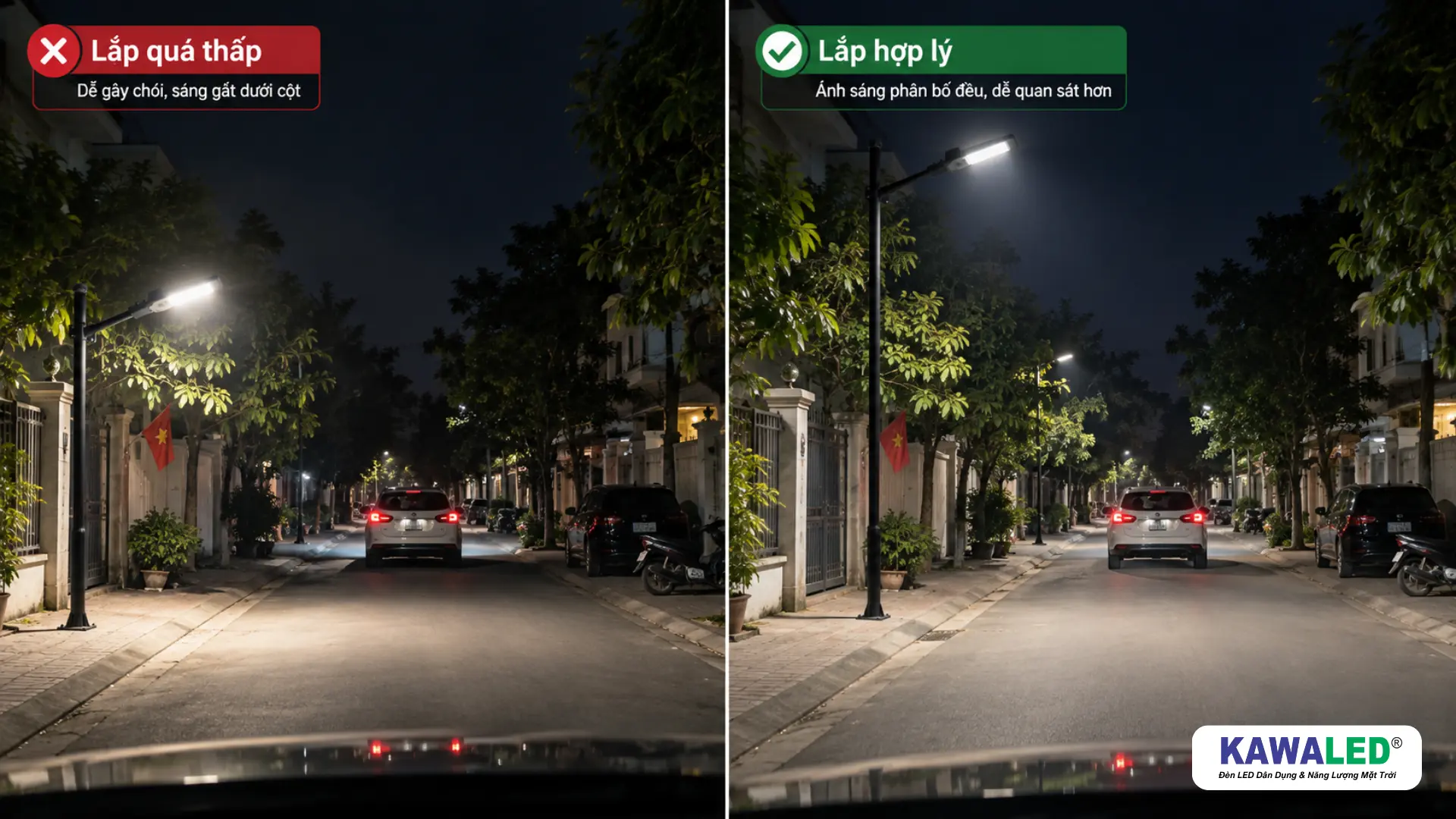So sánh cột đèn đường LED lắp quá thấp và chiều cao lắp đặt hợp lý