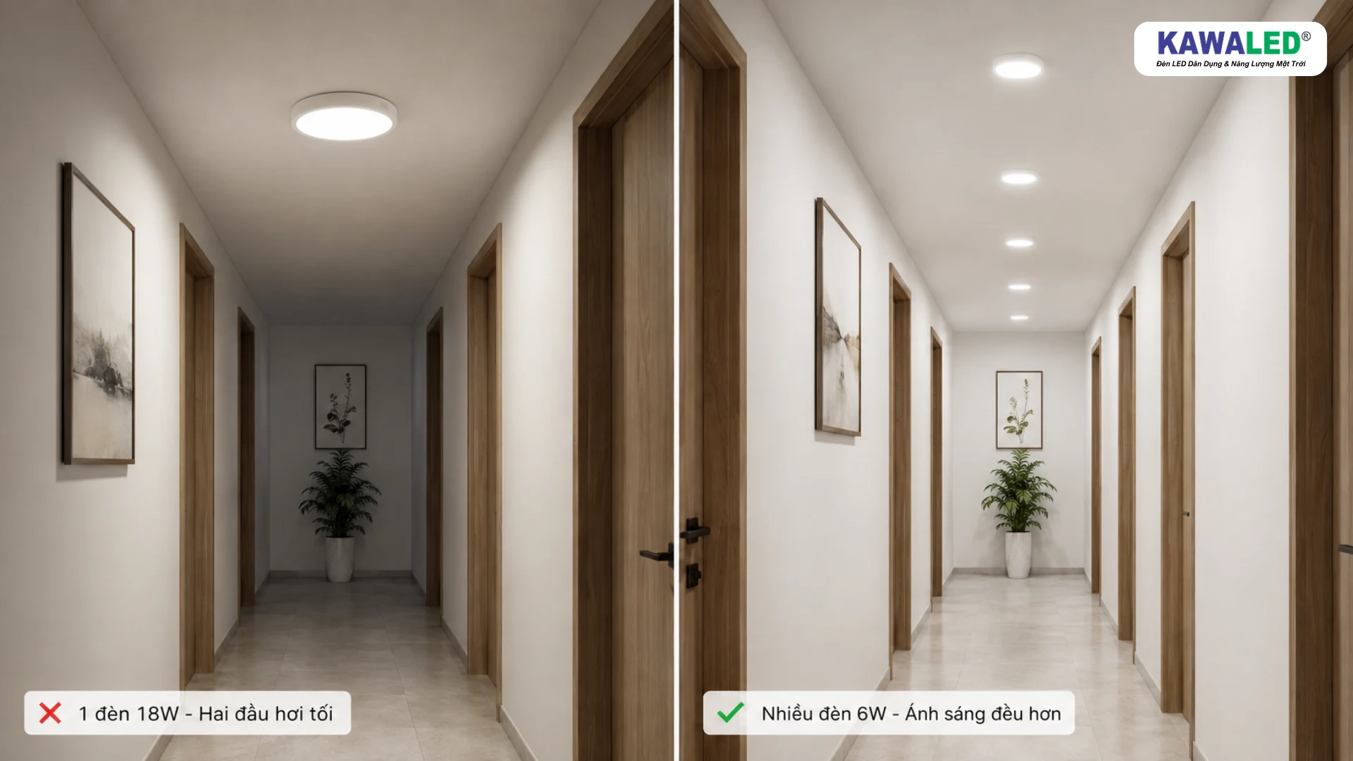 So sánh một đèn ốp trần 18W và nhiều đèn ốp trần 6W cho hành lang dài