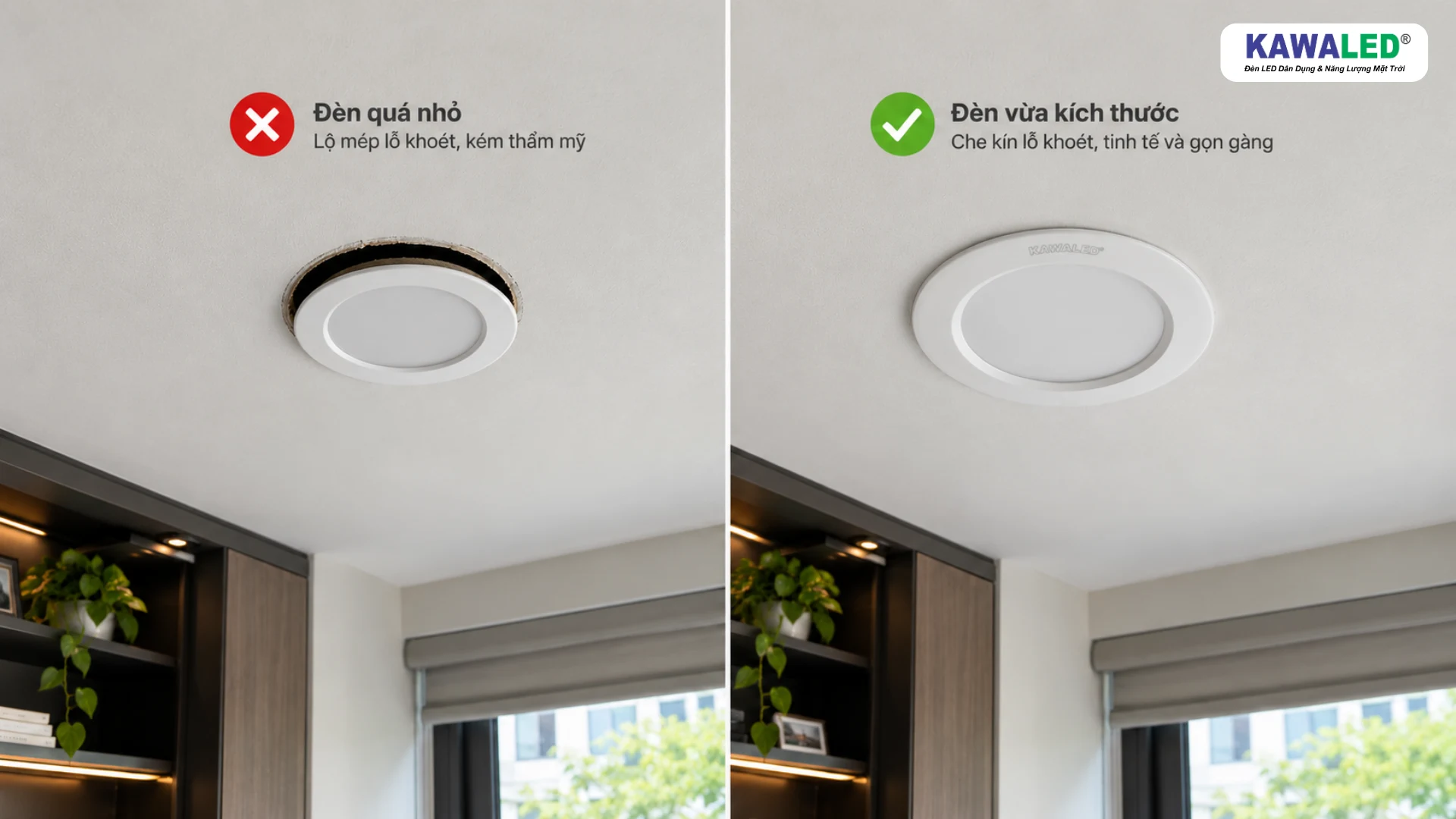 So sánh đèn âm trần quá nhỏ và đèn vừa kích thước lỗ khoét
