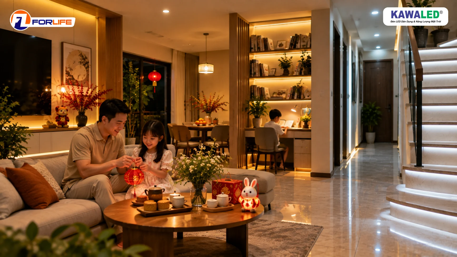 Phối ánh sáng vàng và trắng khi trang trí Trung Thu tại nhà bằng đèn LED COB
