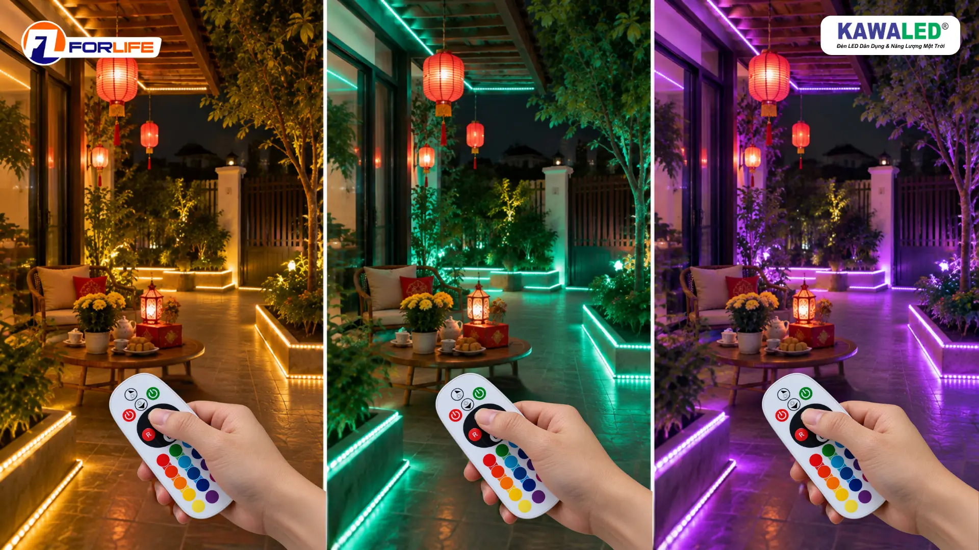 LED dây đổi màu chuyển giữa vàng ấm xanh ngọc và tím nhạt bằng remote