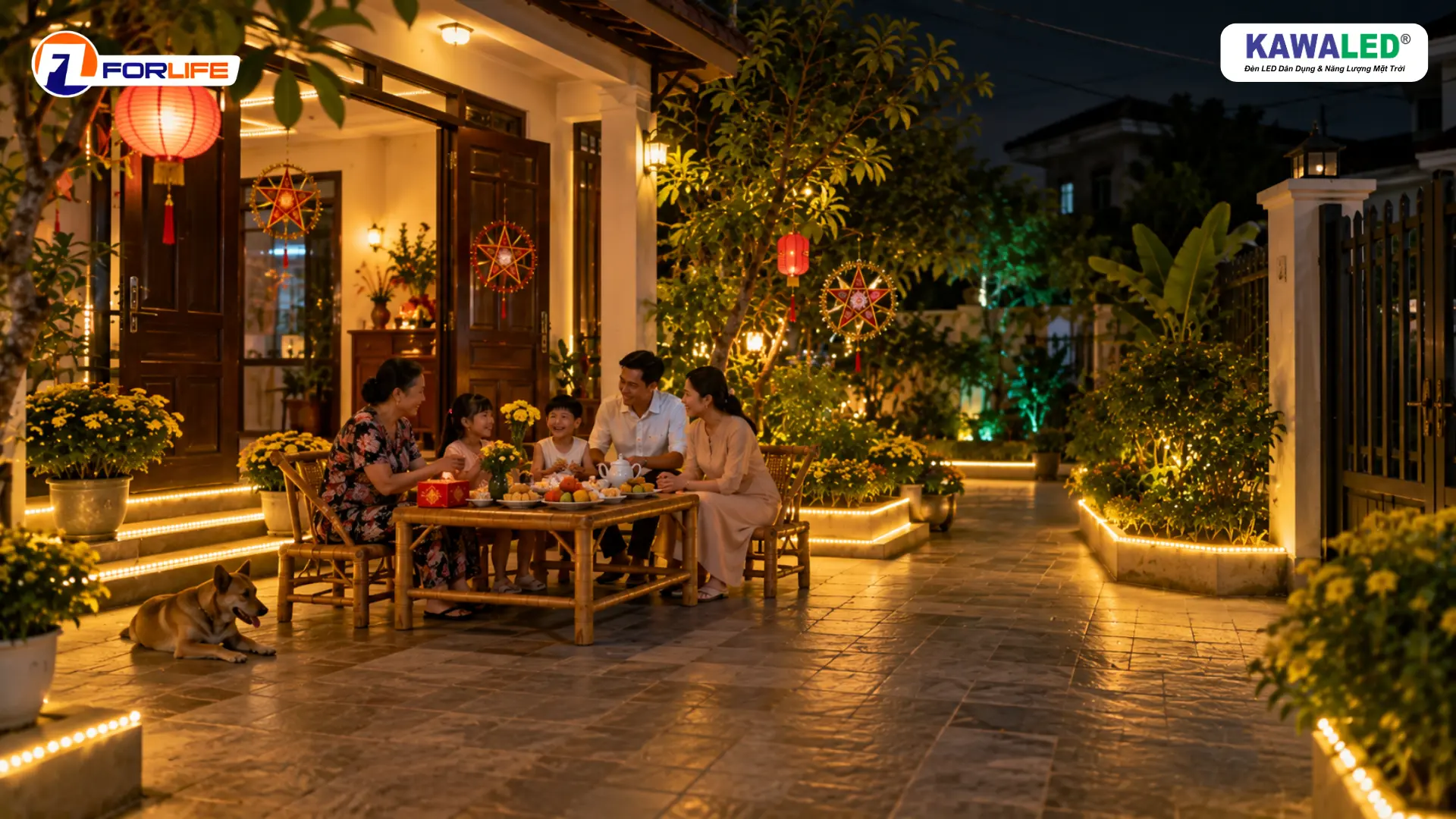 Dây đèn trang trí ngoài trời chạy viền bồn cây và lối đi sân nhà