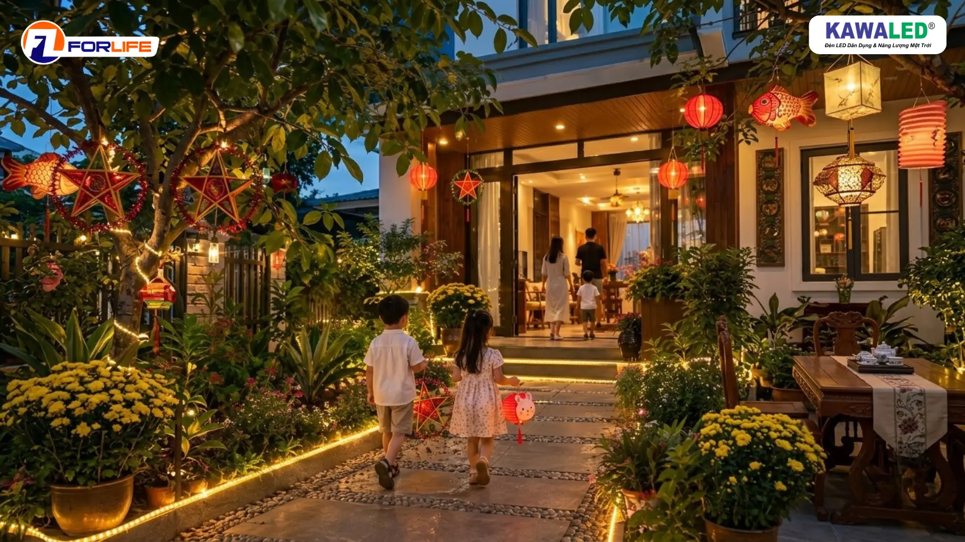 Dây đèn trang trí ngoài trời chiếu sáng lối đi cho trẻ rước đèn Trung Thu