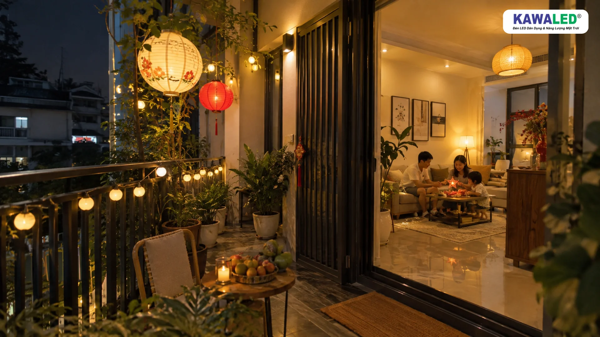 Decor Trung Thu đẹp tại nhà phố với ban công, đèn trang trí và phòng khách ấm cúng
