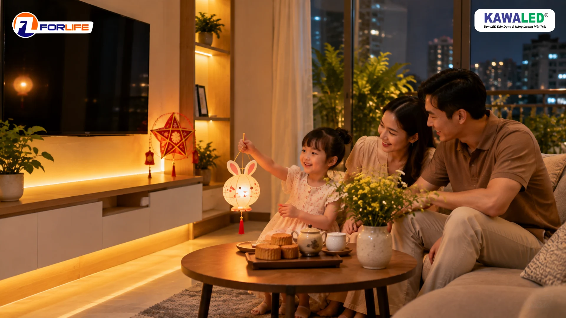Decor Trung Thu đơn giản trong phòng khách với đèn LED COB ánh sáng vàng