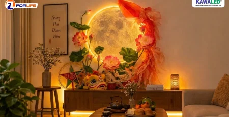 Decor Trung Thu đơn giản với vầng trăng, đèn ông sao và LED dây vàng