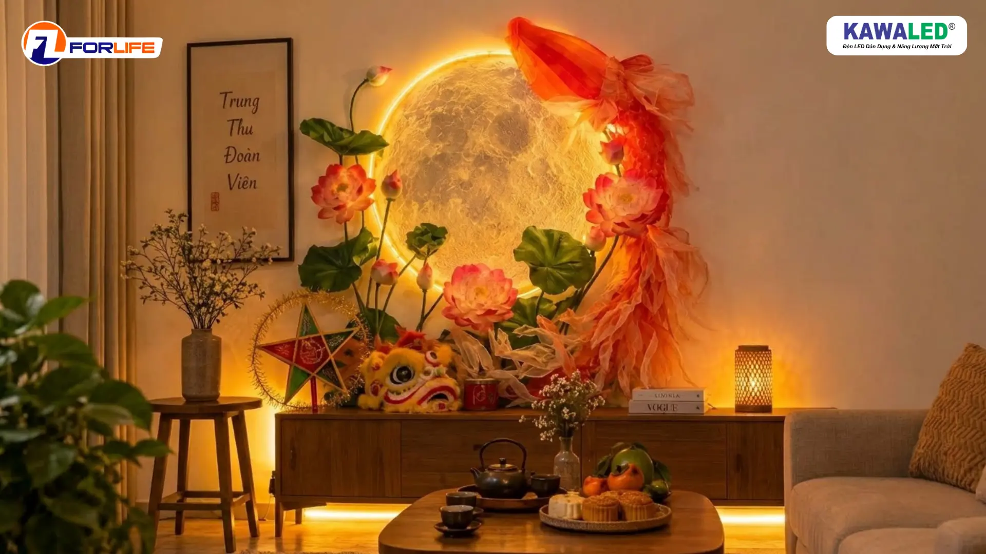 Decor Trung Thu đơn giản với vầng trăng, đèn ông sao và LED dây vàng
