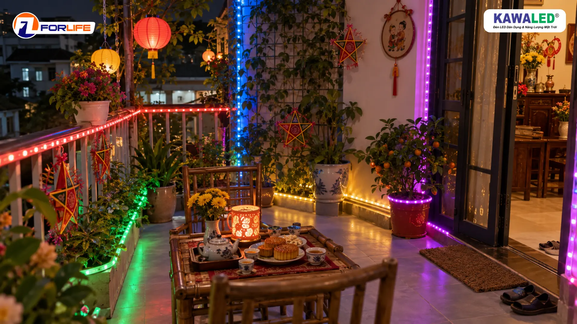 Không gian decor Trung Thu sử dụng quá nhiều màu LED đỏ xanh tím vàng