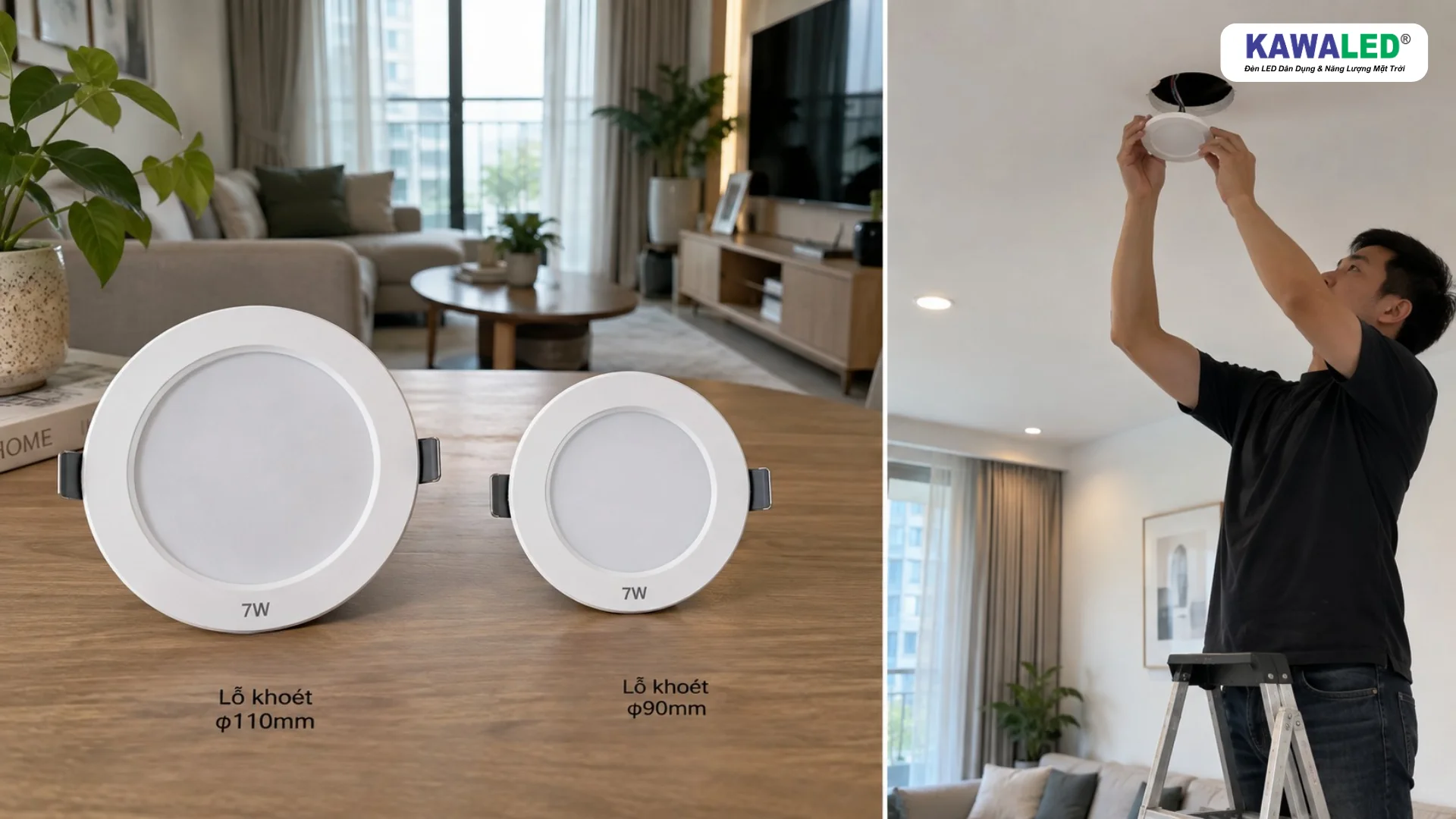 Hai mẫu đèn âm trần 7W có kích thước và lỗ khoét khác nhau