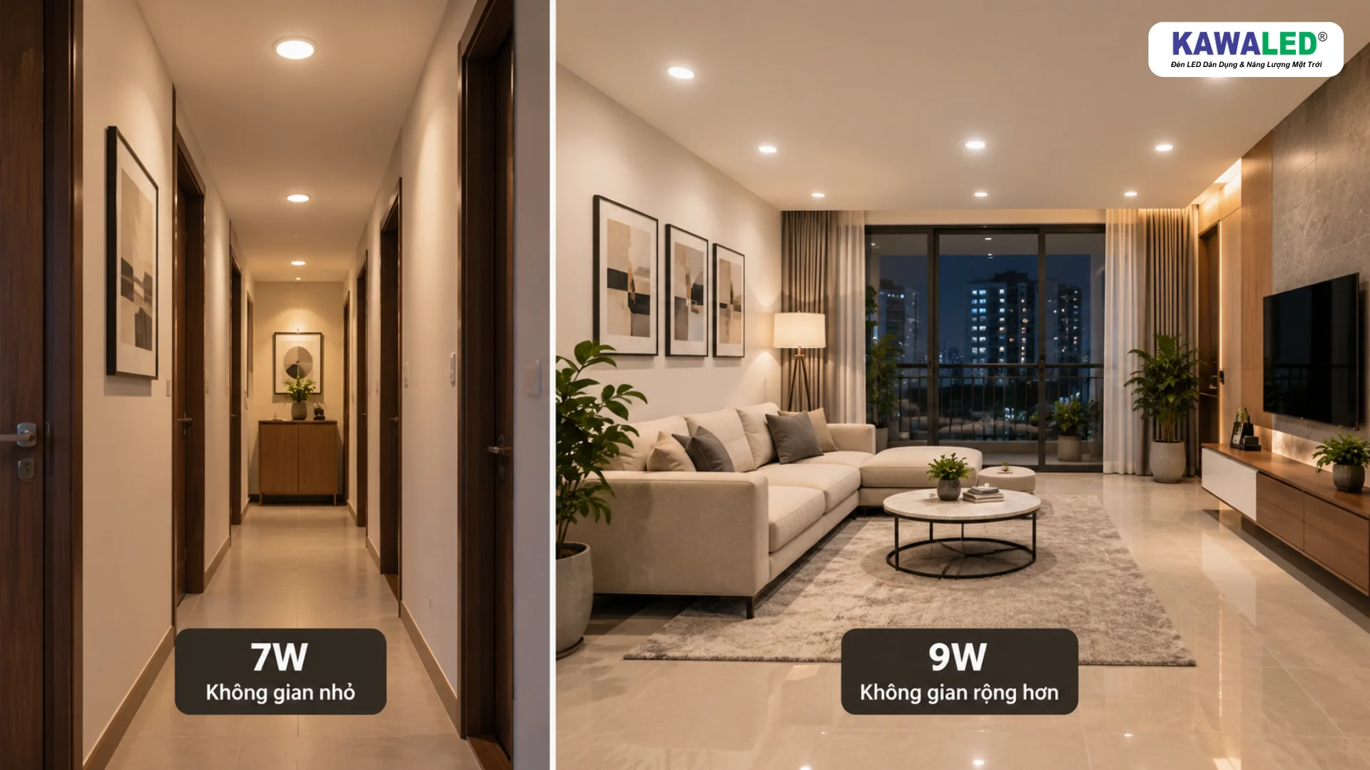 Đèn âm trần 7W cho hành lang và đèn âm trần 9W cho phòng khách