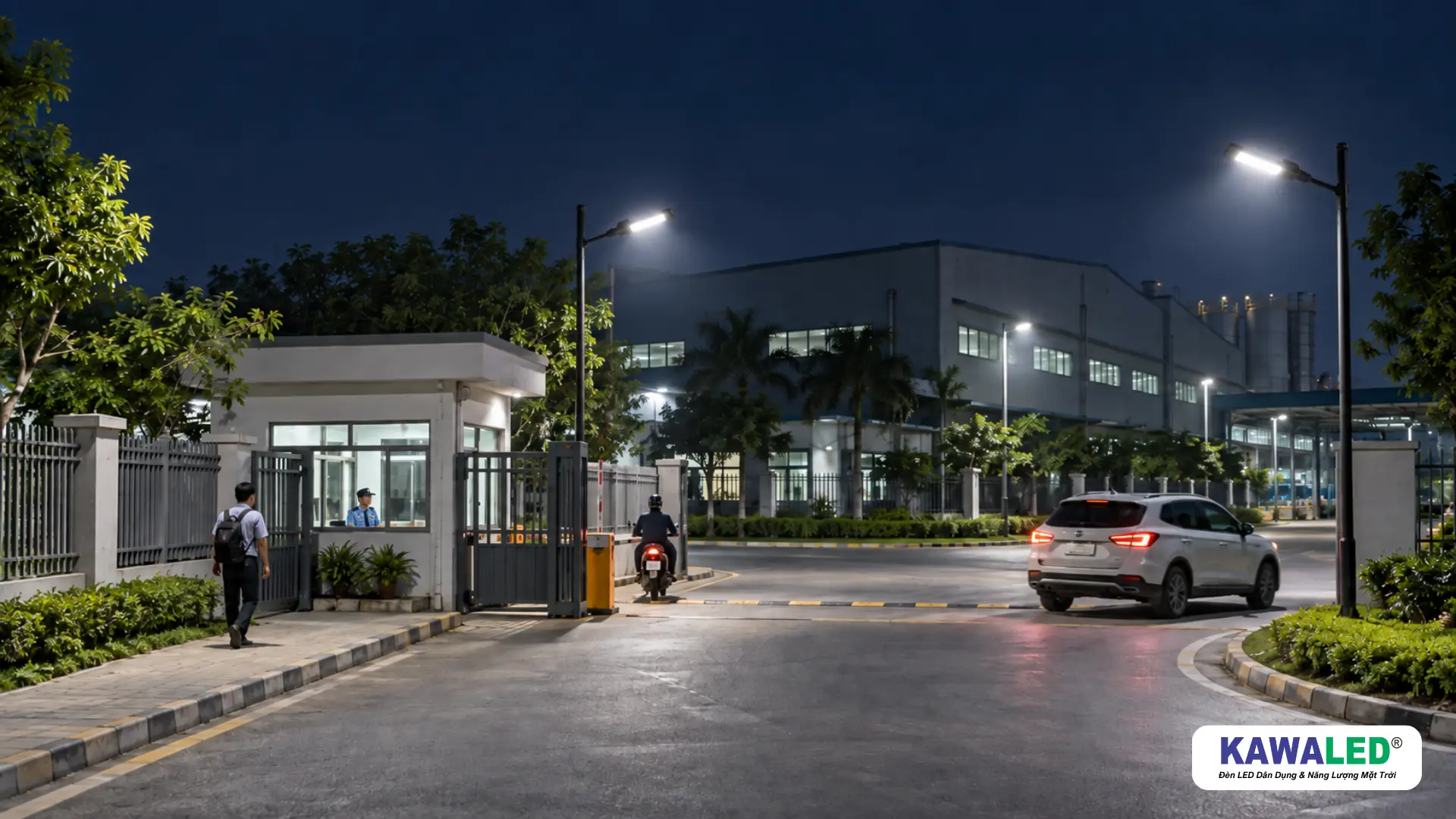 Đèn chiếu sáng ngoài trời tại cổng nhà xưởng, góc cua và điểm giao nhau